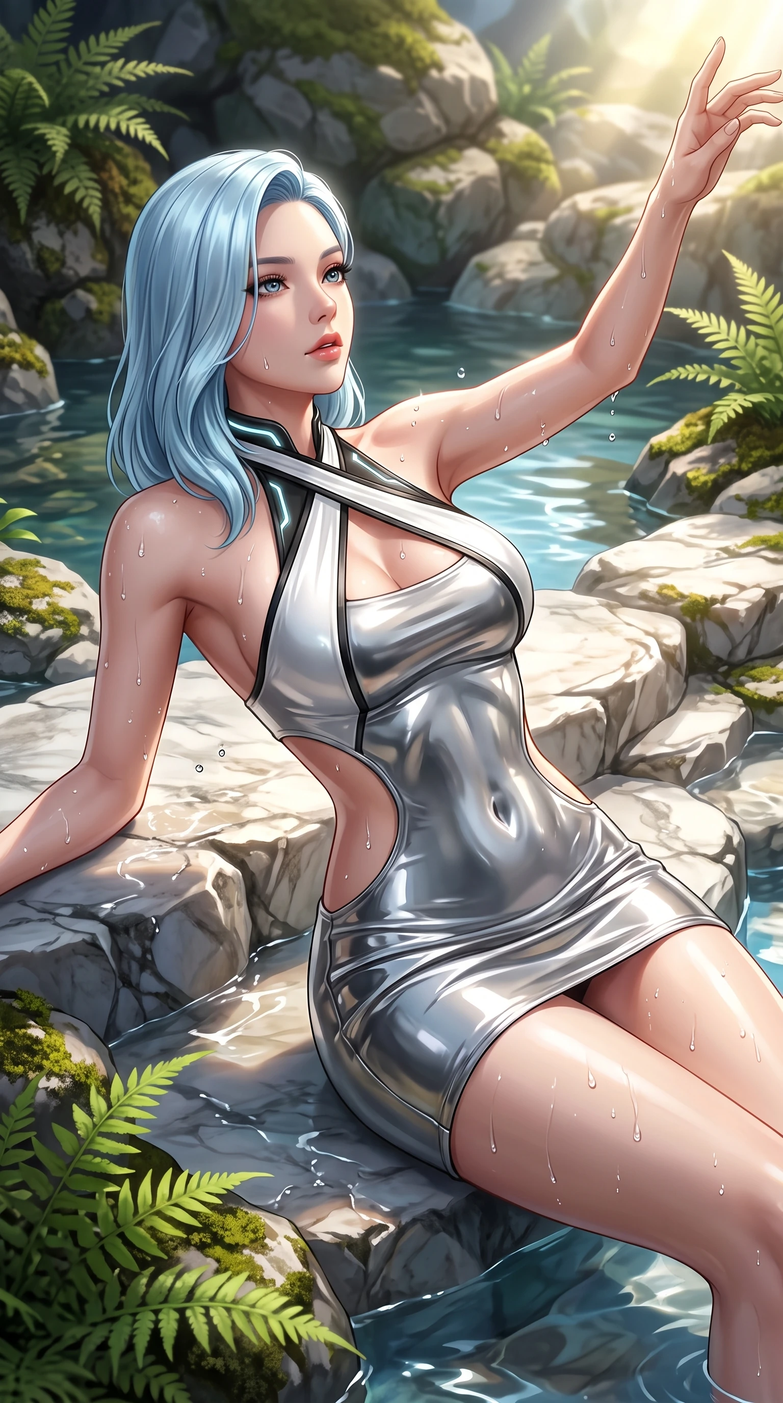 score_9, masterpiece, best quality, ultra-detailed, high-budget anime keyframe, semi-realistic 3D game render, editorial fashion photography, tasteful artistic composition, Korean woman. close-up cowboy shot from the waist and thighs up, the character dominates the composition, filling the frame with her large presence. extending one arm gracefully toward the light while her torso arches in a sleek, alluring curve with magnetic intensity while reclining along a sunlit marble rock pool as clear cascading water droplets glisten across her bare shoulders. The surrounding environment is rendered in vivid detail and crisp panoramic clarity. vibrant natural colors and deep environmental chiaroscuro captured with precision. She has an exceptionally elegant, slender, and willowy female figure with an ultra-slim waist, a gracefully sculpted slender torso, toned flat midriff, and a refined slim silhouette. sharp v-shaped jawline, high-bridge nose, intricate jewel-like eyes with depth, thick eyelashes, glossy lips with a natural sheen, flawlessly proportioned anatomical accuracy, strict slender model proportions, natural body alignment, perfectly sculpted long slender limbs, ultra-slim waistline, clean dynamic posture without body distortion. wearing a molten silver liquid-metal mini dress featuring deep side-waist cutouts and a daring crossover halter neckline in high-gloss monochrome white and sharp black contrast, crafted from ultra-reflective second-skin latex with a high-gloss glass-like polish, featuring a dangerously unzipped neckline framed by glowing cybernetic accents, the precision-cut daring openings accentuating her delicate midriff, graceful bare collarbones, and ultra-slim feminine waistline. surrounded by a pristine, refreshing, and intensely seductive natural sanctuary atmosphere. highly saturated vibrant anime colors, detailed shading with soft gradients, rich glossy textures, high-contrast stereoscopic depth, volumetric dynamic lighting, master piece, 9:16 ratio