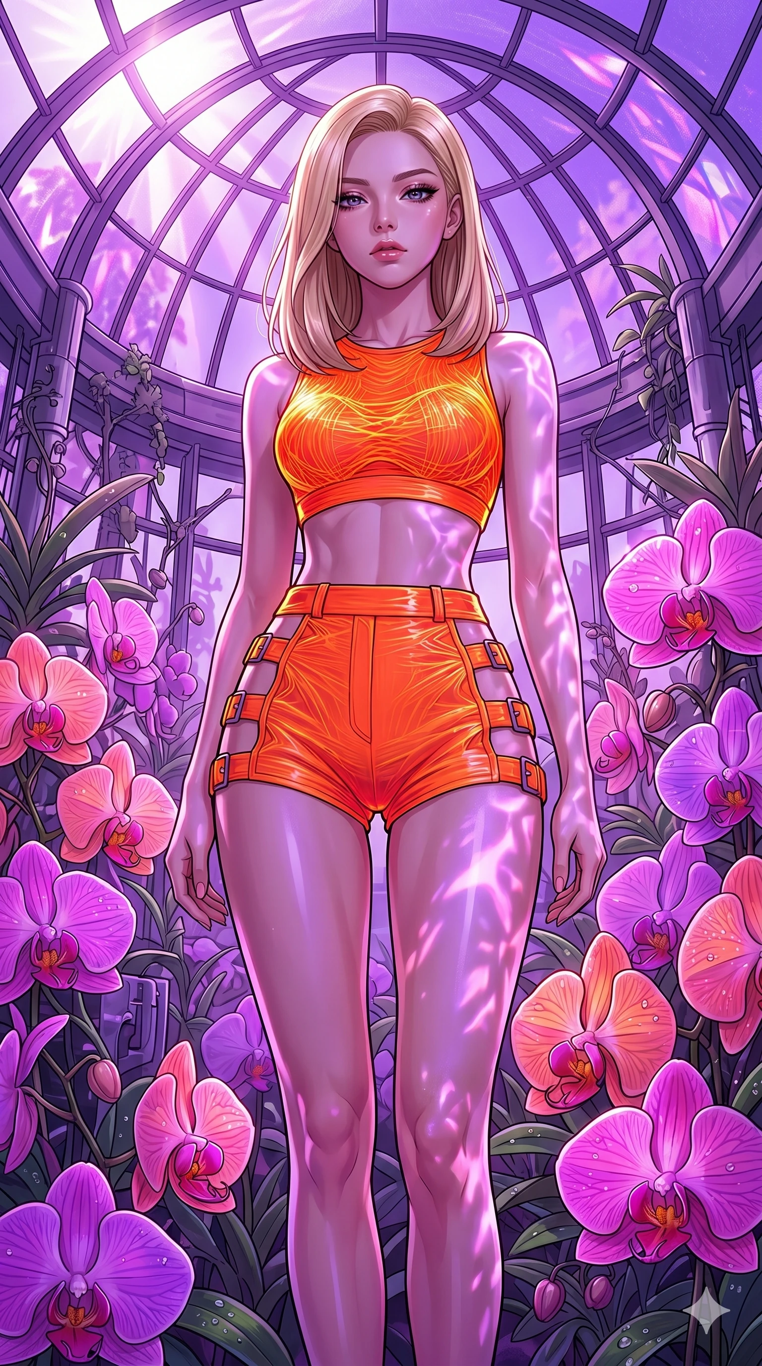 score_9, masterpiece, best quality, ultra-detailed, high-budget anime keyframe, editorial fashion photography, tasteful artistic composition, Korean woman. cowboy shot from the thighs up, character and outfit filling the frame for maximum editorial presence. standing among tropical neon orchids, looking at the viewer with an air of superiority in a futuristic greenhouse under a dome of purple glass (Code-P16-127). She has an absolutely perfect 8-heads proportion, an exceptionally tall and slender female figure with impossibly long slender legs and an ultra-slim waist. V-shaped jawline, high-bridge nose, intricate jewel-like eyes with depth, thick eyelashes, glossy lips with a natural sheen. wearing a neon orange filament crop top and high-waisted shorts with side cutout straps. drenched in brilliant morning sunshine, casting violet-pink patterns on her skin. 2k, ultra detail, master piece, 9:16 ratio