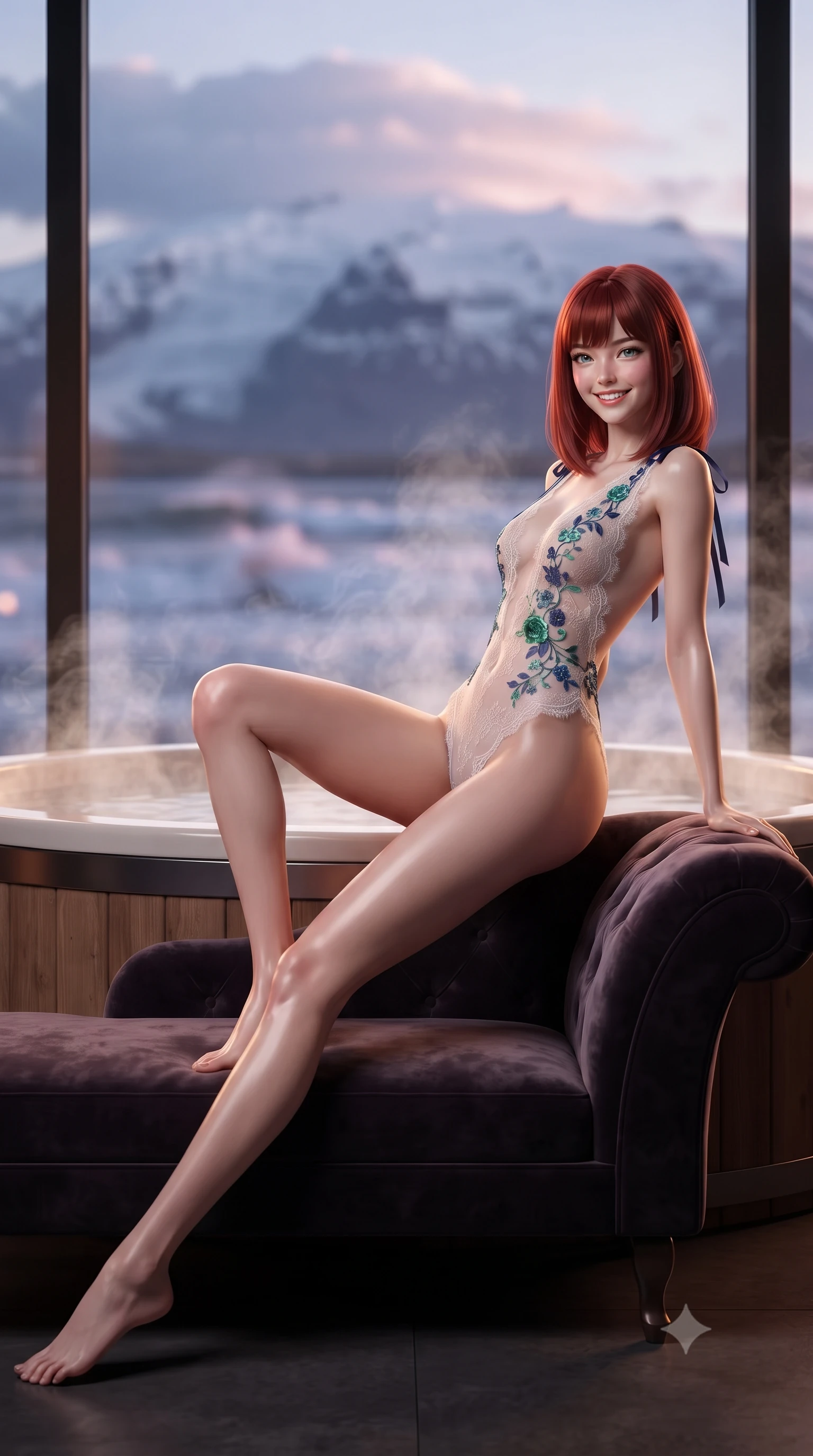 score_9, masterpiece, best quality, ultra-detailed, high-budget anime keyframe, editorial fashion photography, tasteful artistic composition, Caucasian woman. low angle full-body shot from head to toe showing her feet, filling the entire 9:16 vertical frame with her statuesque presence, stretching her vertical silhouette. reclining gracefully across the plush chaise lounge with one leg extended, her sculpted silhouette and flat midriff radiating magnetic nocturnal glamour while twisting her slender torso in an alluring S-curve beside the heated cedar hot tub, rising pine-scented steam wrapping around her flat midriff and hips. The background shows a soft-focus snow-capped volcanic glacier peak of Snæfellsjökull under midnight sun pastel clouds, pounding Arctic ocean waves, blurred into rose, lavender, and obsidian bokeh. She has an exceptionally tall and slender model-like 8.5-heads proportion, an ultra-slim waist, a flat toned midriff, narrow delicate ribcage, and beautifully sculpted feminine hips creating a graceful, slim hourglass silhouette without any bulky heaviness, with impossibly long slender legs. sharp v-shaped jawline, high-bridge nose, intricate jewel-like sparkling eyes with depth, thick eyelashes, glossy parted lips with a natural peach sheen, bright cheerful beaming smile with an enchanting and coquettish sensual glint, exuding both youthful cute charm and seductive allure, flawlessly proportioned anatomical accuracy, strict slender model proportions, natural body alignment, perfectly sculpted long slender limbs, ultra-slim waistline, clean dynamic posture without body distortion. wearing an alluring backless sheer lace leotard with high-cut leg openings and delicate floral embroidery framing her spine in Lake Tegernsee emerald glass and royal Bavarian navy, made of delicate semi-sheer French Chantilly lace with intricate eyelash edges, finished with satin ribbon ties at the shoulders fluttering in the gentle breeze, the second-skin tailored fabric adhering flawlessly to her sculpted flat midriff and slender torso, emphasizing her long leg lines and perfectly proportioned willowy build. bathed in warm 2200K interior sauna amber glows spilling through glass mixed with cool Arctic twilight. ultra-reflective glossy finish, specular highlights, rich textural contrasts, high-contrast stereoscopic depth, volumetric dynamic lighting, 2k, ultra detail, master piece, 9:16 ratio