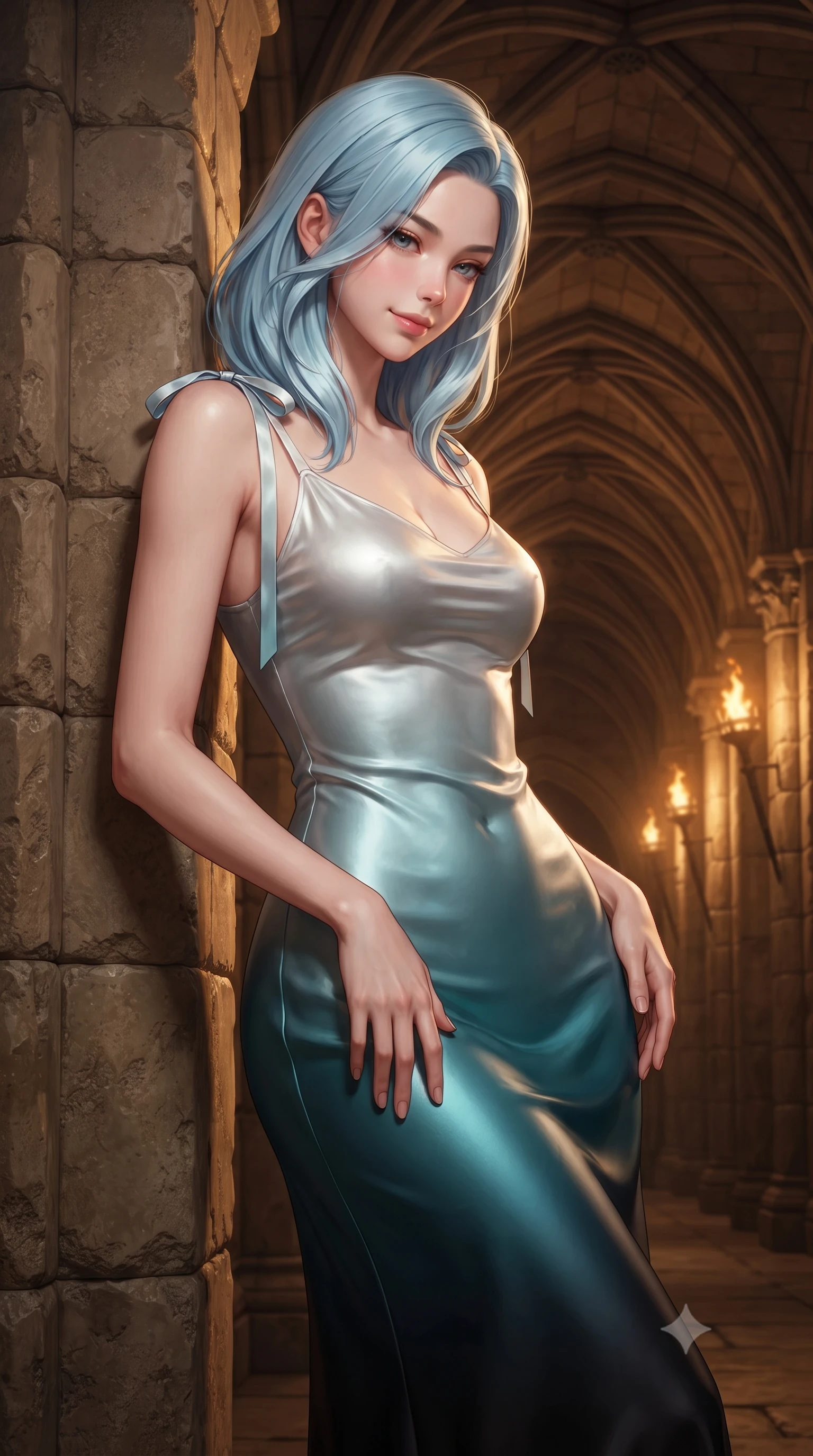 score_9, masterpiece, best quality, ultra-detailed, high-budget anime keyframe, editorial fashion photography, tasteful artistic composition, Korean woman. close-up cowboy shot from the waist and thighs up, the character dominates the composition, filling the frame with her large presence. tilting her head with a teasing half-smile, running one hand slowly down the side of her hip in a flirtatious S-curve as ambient light caresses her silhouette while leaning against the ancient limestone vault pier with hips cocked back, looking down the subterranean perspective of arches with intoxicating bedroom-eyes. The surrounding environment is rendered in vivid detail and crisp panoramic clarity: detailed garment lines, bodycon tailoring, and subterranean gothic craft in high resolution. She has an exceptionally elegant, slender, and willowy female figure with an ultra-slim waist, flat toned midriff, narrow ribcage, and sculpted feminine hips creating an alluring, slim hourglass silhouette without bulk. sharp v-shaped jawline, high-bridge nose, intricate jewel-like sparkling eyes with depth, thick eyelashes, glossy parted lips with a natural peach sheen, bright cheerful beaming smile with an enchanting and coquettish sensual glint, exuding both youthful cute charm and seductive allure, flawlessly proportioned anatomical accuracy, strict slender model proportions, natural body alignment, perfectly sculpted long slender limbs, ultra-slim waistline, clean dynamic posture without body distortion. wearing a liquid platinum satin bias-cut slip dress clinging seamlessly over her sculpted flat midriff and feminine hips in Icelandic geothermal cyan and volcanic basalt obsidian, crafted from fluid liquid silk satin that clings smoothly to her narrow waist and rounded hips with a dewy sheen, finished with satin ribbon ties at the shoulders fluttering in the gentle breeze, the glove-like clinging cut tightly following the natural contour of her hips and long slender legs with youthful 8.5-heads elegance. bathed in the dramatic warm 2400K golden torchlight and architectural sconces lining the underground arches. ultra-reflective glossy finish, specular highlights, rich textural contrasts, high-contrast stereoscopic depth, volumetric dynamic lighting, 2k, ultra detail, master piece, 9:16 ratio