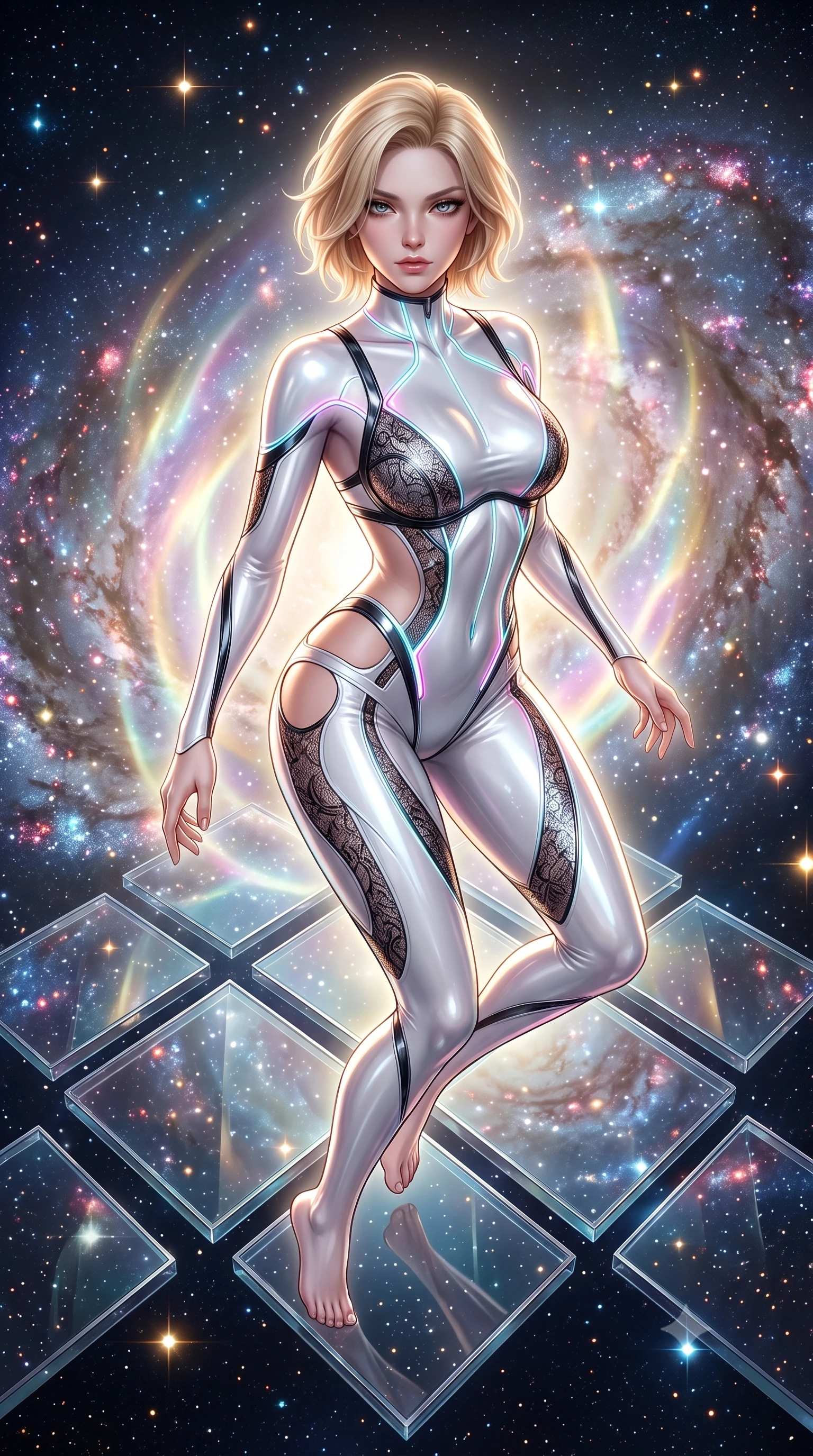 score_9, masterpiece, best quality, ultra-detailed, high-budget anime keyframe, semi-realistic 3D game render, editorial fashion photography, tasteful artistic composition, Caucasian woman. close-up cowboy shot from the waist and thighs up, the character dominates the composition, filling the frame with her large presence. gazing directly into the lens with bedroom eyes and a breathtaking, dangerous allure that commands the entire composition while floating weightlessly on an open diamond-glass platform suspended in the vacuum of space amidst a swirling spiral galaxy. The surrounding environment is rendered in vivid detail and crisp panoramic clarity. dramatic space chiaroscuro and transcendent cosmic architecture rendered in panoramic precision. She has an exceptionally elegant, slender, and willowy female figure with an ultra-slim waist, a gracefully sculpted slender torso, toned flat midriff, and a refined slim silhouette. sharp v-shaped jawline, high-bridge nose, intricate jewel-like eyes with depth, thick eyelashes, glossy lips with a natural sheen, flawlessly proportioned anatomical accuracy, strict slender model proportions, natural body alignment, perfectly sculpted long slender limbs, ultra-slim waistline, clean dynamic posture without body distortion. wearing a second-skin white liquid-mercury micro-bodysuit sculpted tightly to her slender build, featuring razor-thin metallic straps and hip cutouts in high-gloss monochrome white and sharp black contrast, crafted from delicate dark lace interwoven with luminescent micro-fibers, accented with glowing fiber-optic seams tracing her collarbones and hip curves, the form-contouring material adhering flawlessly to her sculpted flat midriff and slender torso, emphasizing her long leg lines and perfectly proportioned willowy build. surrounded by an awe-inspiring, divine, and radiantly sensual cosmic goddess aura. highly saturated vibrant anime colors, detailed shading with soft gradients, rich glossy textures, high-contrast stereoscopic depth, volumetric dynamic lighting, master piece, 9:16 ratio