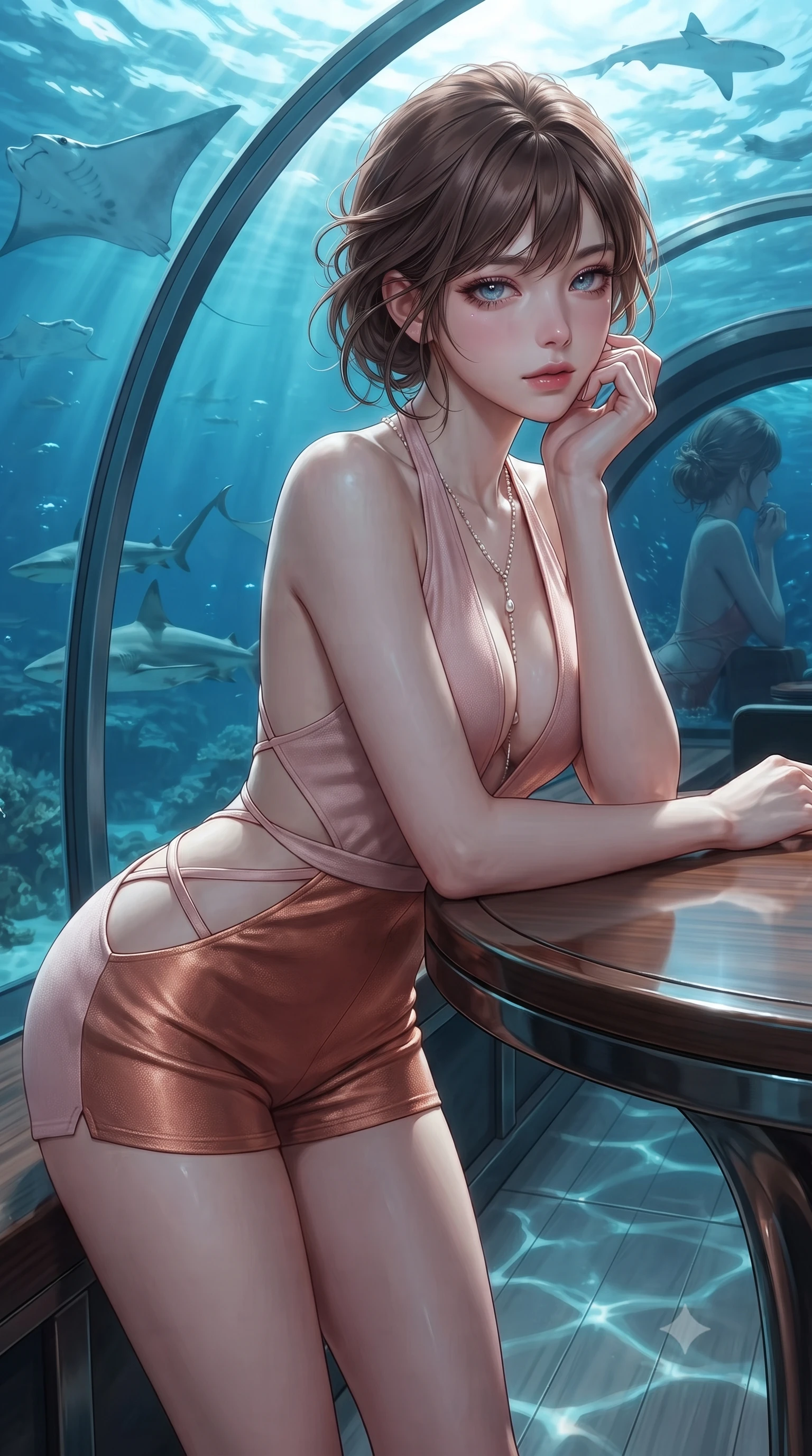 score_9, masterpiece, best quality, ultra-detailed, high-budget anime keyframe, editorial fashion photography, tasteful artistic composition, Korean woman. close-up cowboy shot from the waist and thighs up, the character dominates the composition, filling the frame with her large presence. resting one elbow on the table and supporting her chin, leaning close to the camera with heavy-lidded sparkling eyes and parted lips while leaning against the curved underwater glass wall with hips cocked back, watching gliding manta rays and reef sharks through glass with smoldering bedroom-eyes. The surrounding environment is rendered in vivid detail and crisp panoramic clarity: detailed garment lines, wet cling or bodycon fit, and cutting-edge marine architectural engineering in razor-sharp precision. She has an exceptionally elegant, slender, and willowy female figure with an ultra-slim waist, flat toned midriff, narrow ribcage, and sculpted feminine hips creating an alluring, slim hourglass silhouette without bulk. sharp v-shaped jawline, high-bridge nose, intricate jewel-like sparkling eyes with depth, thick eyelashes, glossy parted lips with a natural peach sheen, bright cheerful beaming smile with an enchanting and coquettish sensual glint, exuding both youthful cute charm and seductive allure, flawlessly proportioned anatomical accuracy, strict slender model proportions, natural body alignment, perfectly sculpted long slender limbs, ultra-slim waistline, clean dynamic posture without body distortion. wearing a daring low-cut halterneck romper with exposed midriff and strappy hip cutouts in rose-quartz blush and burnished copper, crafted from bespoke double-faced cashmere with an exceptionally soft tactile finish, accented with a pearl-drop body harness subtly framing her dewy collarbones and spine, the impeccably tailored cut draping gracefully along her slender figure with aristocratic poise. illuminated by water caustics bounce and sharp platinum-cyan rim lights sculpting her jawline, narrow waist, and curvy hips. ultra-reflective glossy finish, specular highlights, rich textural contrasts, high-contrast stereoscopic depth, volumetric dynamic lighting, 2k, ultra detail, master piece, 9:16 ratio