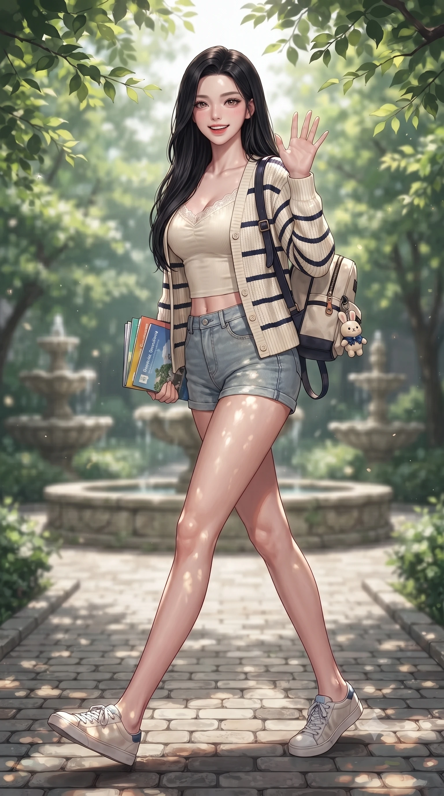 score_9, masterpiece, best quality, ultra-detailed, high-budget anime keyframe, editorial fashion photography, tasteful artistic composition, Korean woman. low angle full-body shot from head to toe showing her feet, filling the entire 9:16 vertical frame with her statuesque presence, stretching her vertical silhouette. stepping forward with a bright, cheerful smile, waving happily at the viewer set against a soft-focus background of walking down a leafy pathway of a quiet university garden with stone fountains with a pile of student brochures and a cute key ring on her backpack. She has an absolutely perfect, statuesque 8.5-heads proportion, an exceptionally tall and slender model-like female figure with impossibly long slender legs and an ultra-slim waist. sharp v-shaped jawline, high-bridge nose, intricate jewel-like eyes with depth, thick eyelashes, glossy lips with a natural sheen. wearing slim-fit delicate lace-trim crop top in cream, worn under an open preppy cardigan and denim shorts. dappled sunlight creating beautiful light patterns on her skin and the ground. ultra-reflective glossy finish, specular highlights, metallic sheen, high-contrast stereoscopic depth, volumetric dynamic lighting, 2k, ultra detail, master piece, 9:16 ratio
