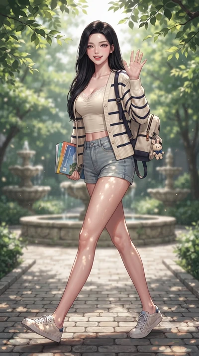 score_9, masterpiece, best quality, ultra-detailed, high-budget anime keyframe, editorial fashion photography, tasteful artistic composition, Korean woman. low angle full-body shot from head to toe showing her feet, filling the entire 9:16 vertical f