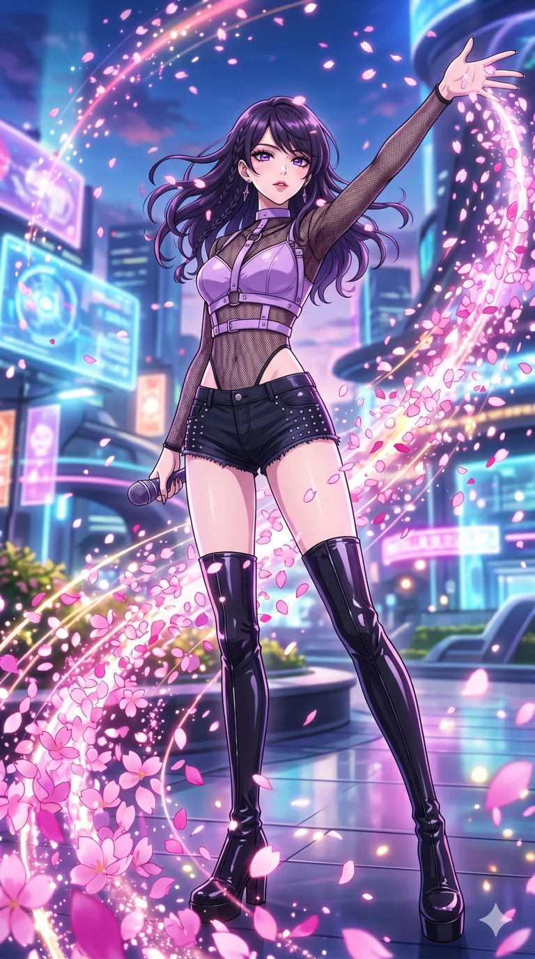 score_9, masterpiece, best quality, ultra-detailed, High-budget Anime Keyframe, beautiful Japanese anime girl. Upper body close-up from the thighs up, character filling the screen for maximum presence. Summoning a wave of pink cherry blossoms in a futuristic park. She has an absolutely perfect 8-heads proportion, an exceptionally tall and slender female figure with impossibly long slender legs and an ultra-slim waist. Sharp v-shaped jawline, high-bridge nose, intricate jewel-like eyes with depth, thick eyelashes, glossy lips with a natural sheen. Wearing a K-Idol Stage outfit: lavender leather harness over mesh, high-cut bodysuit, studded micro-shorts, thigh-high patent boots. Background is a bright and colorful environment with cinematic lighting, dynamic particle effects, and high-contrast shadows. 2k, ultra detail, master piece, 9:16 ratio