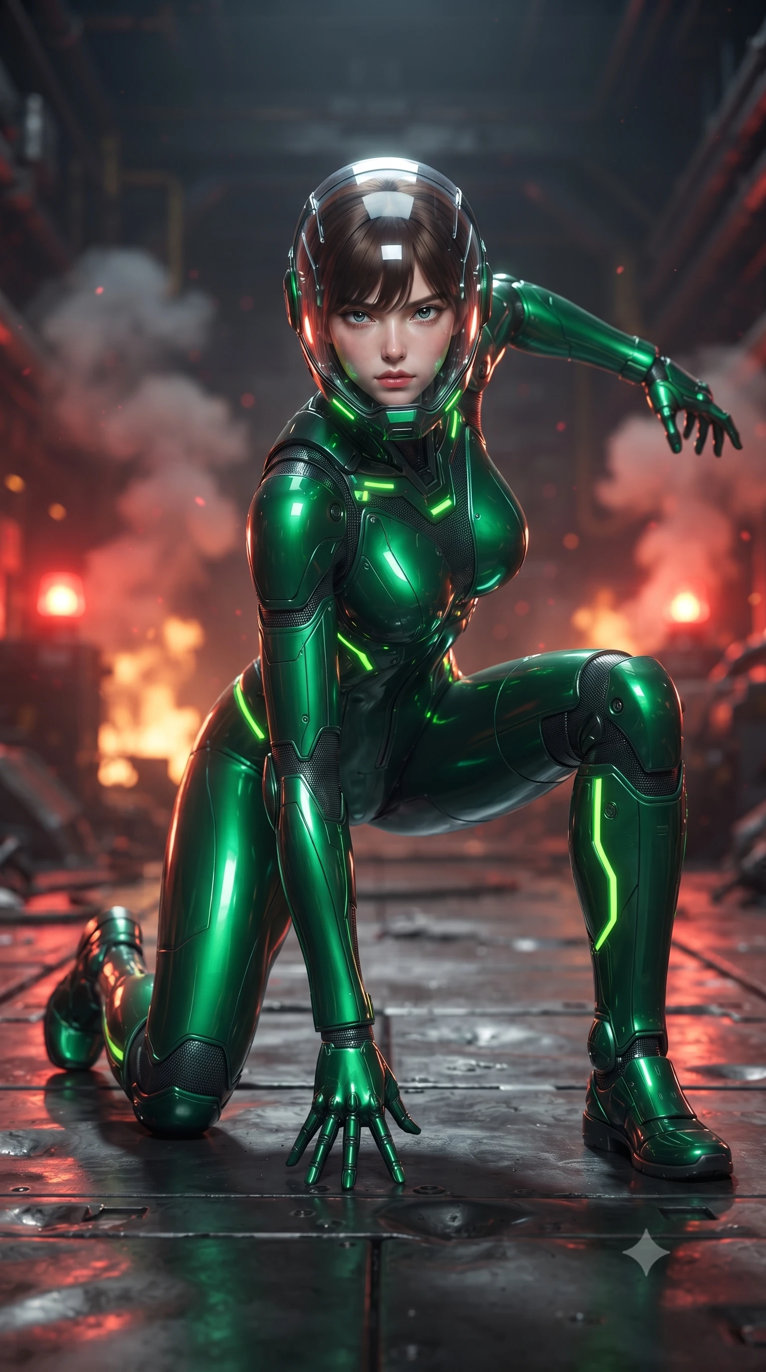 score_9, masterpiece, best quality, ultra-detailed, high-budget anime keyframe, editorial fashion photography, tasteful artistic composition, Korean woman. low angle full-body shot from head to toe showing her feet, filling the entire 9:16 vertical frame with her statuesque presence, stretching her vertical silhouette. landing gracefully from a high-altitude leap on one knee and palm, her statuesque silhouette framed by radial shockwave ripples in the ground while arching her spine in a fluid combat stance with one fist planted on a dented bulkhead door, catching her breath with fierce pride. The composition keeps background elements in soft focus with creamy bokeh. pulsing red hazard beacons and drifting industrial steam plumes blurred into fiery crimson, amber, and charcoal bokeh. She has an absolutely perfect, statuesque 8.5-heads proportion, an exceptionally tall and slender model-like female figure with impossibly long slender legs, a toned flat midriff, and an ultra-slim waist. sharp v-shaped jawline, high-bridge nose, intricate jewel-like eyes with depth, thick eyelashes, glossy lips with a natural sheen, fierce and resolute heroine expression, flawlessly proportioned anatomical accuracy, strict slender model proportions, natural body alignment, perfectly sculpted long slender limbs, ultra-slim waistline, clean dynamic posture without body distortion. wearing a crystal-clear transparent armored riot-visor helmet showing her entire beautiful face and determined expression with pristine clarity, paired with an ultra-sleek high-gloss carbon-composite exoskeleton suit featuring kinetic shock-absorbing shin guards and flexible limb articulation joints in toxic emerald green carbon composite with glowing lime warning channels, tailored from flexible second-skin ballistic carbon-mesh adhering flawlessly to her athletic build, featuring a sleek aerodynamic collar framed by subtle glowing cybernetic status LEDs, the sleek second-skin cut tightly hugging her graceful clavicle, narrow waist, and feminine curves with athletic precision. surrounded by an unstoppable, royal, and fiercely triumphant lone survivor empress aura. ultra-reflective glossy finish, specular highlights, dark metallic sheen, high-contrast stereoscopic depth, volumetric dynamic lighting, 2k, ultra detail, master piece, 9:16 ratio