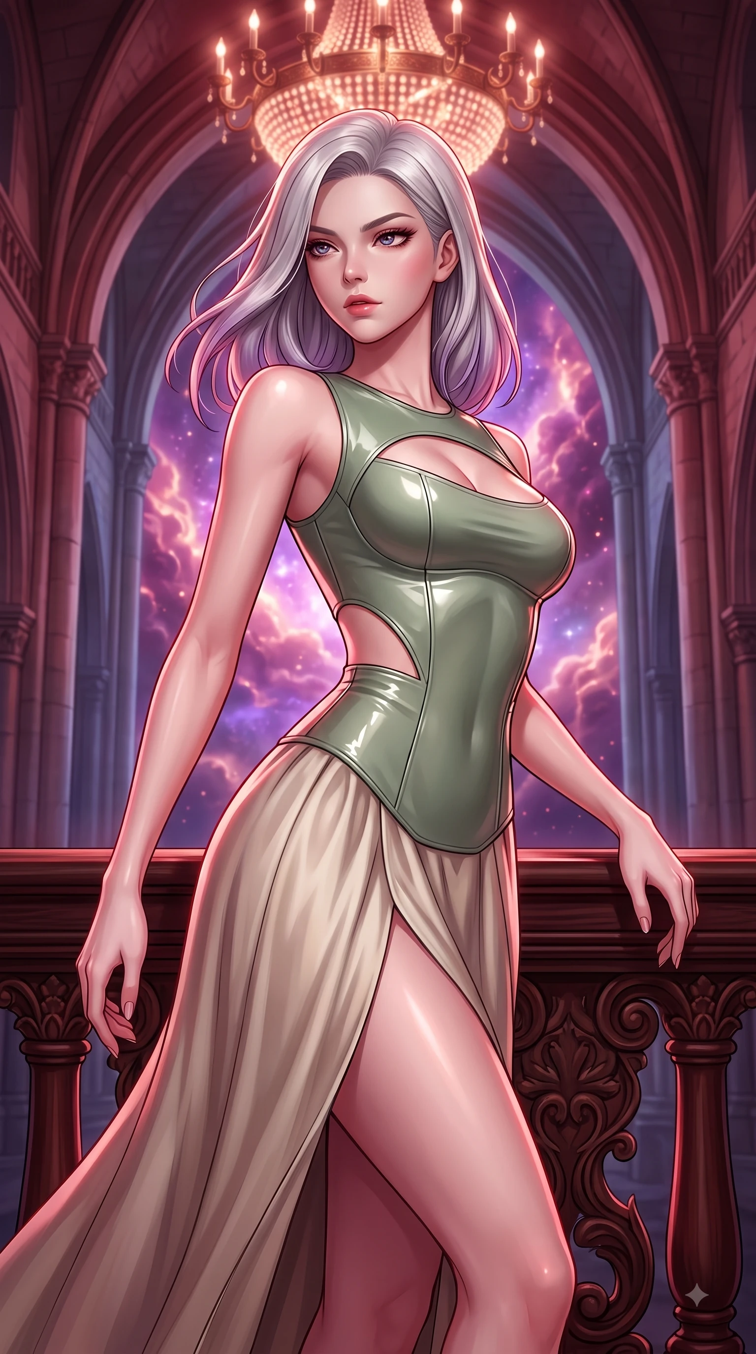 score_9, masterpiece, best quality, ultra-detailed, high-budget anime keyframe, editorial fashion photography, tasteful artistic composition, Caucasian woman. close-up cowboy shot from the waist and thighs up, the character dominates the composition, filling the frame with her large presence, background elements kept in soft focus. Gazing past the lens with smoldering intensity as her torso curves dynamically in mid-stride while leaning gracefully against a carved mahogany balustrade under a majestic chandelier glow, vivid purple and rose-gold nebula clouds glowing through monumental cathedral arches. She has an exceptionally elegant, slender, and willowy female figure with an ultra-slim waist, a gracefully sculpted slender torso, and a refined silhouette. sharp v-shaped jawline, high-bridge nose, intricate jewel-like eyes with depth, thick eyelashes, glossy lips with a natural sheen, flawlessly proportioned anatomical accuracy, natural body alignment, perfectly sculpted elegant limbs, clean dynamic posture without body distortion. wearing a modern fusion silk hanbok dress with a structured bodice and flowing skirt in sage green and oatmeal, tailored from high-gloss patent leather, featuring clean architectural cutouts along her slender torso, the glove-like fit emphasizing her statuesque silhouette during motion. bathed in deep crimson theatrical lighting with sharp specular highlights on every curve. highly saturated vibrant anime colors, detailed shading with soft gradients, rich glossy textures, high-contrast stereoscopic depth, volumetric dynamic lighting, master piece, 9:16 ratio