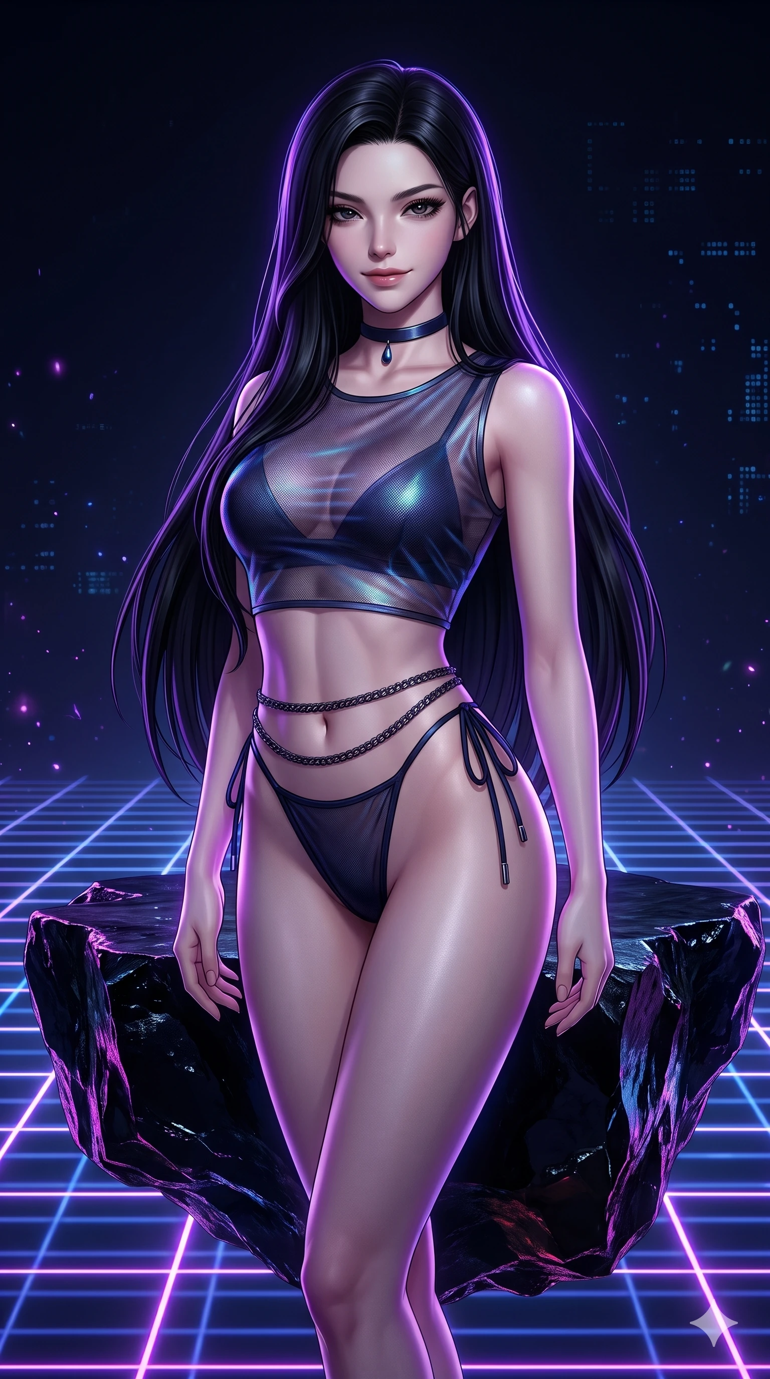 score_9, masterpiece, best quality, ultra-detailed, high-budget anime keyframe, semi-realistic 3D game render, editorial fashion photography, tasteful artistic composition, Korean woman. close-up cowboy shot from the waist and thighs up, the character dominates the composition, filling the frame with her large presence. twisting her slender torso in a deep contrapposto stance, hips dramatically shifted to accentuate her feminine curves while standing poised on the edge of a floating obsidian megalith suspended over an infinite neon grid, arching her back with sovereign cyberpunk grace. The surrounding environment is rendered in vivid detail and crisp panoramic clarity: detailed wet-look vinyl bodysuit cling, tactical harness buckle hardware, and cybernetic textures in razor-sharp precision. She has an exceptionally elegant, slender, and willowy female figure with an ultra-slim waist, flat toned midriff, narrow ribcage, and sculpted feminine hips creating an alluring, slim hourglass silhouette without bulk. sharp v-shaped jawline, high-bridge nose, intricate jewel-like dark sparkling eyes with hypnotic seductive depth, thick curled eyelashes, glossy parted lips with a natural wine sheen, alluring bedroom-eyes with an enigmatic smoldering smile, exuding magnetic sovereign charisma and dark avant-garde glamour, flawlessly proportioned anatomical accuracy, strict slender model proportions, natural body alignment, perfectly sculpted long slender limbs, ultra-slim waistline, clean dynamic posture without body distortion. wearing a translucent iridescent mesh swim crop top paired with high-cut string bikini bottoms and dark waist chains in midnight navy blue and smoky pitch black, made of sheer gossamer chiffon that drapes softly against skin with airy translucence, finished with a minimalist dark choker and a single teardrop pendant, accentuating her gracefully sculpted slender torso and statuesque proportions. illuminated by floating neon grid upward bounce and sharp ultraviolet rim lights defining her razor-sharp jawline, narrow waist, and curvy hips. highly saturated vibrant anime colors, detailed shading with soft gradients, rich glossy textures, high-contrast stereoscopic depth, volumetric dynamic lighting, master piece, 9:16 ratio