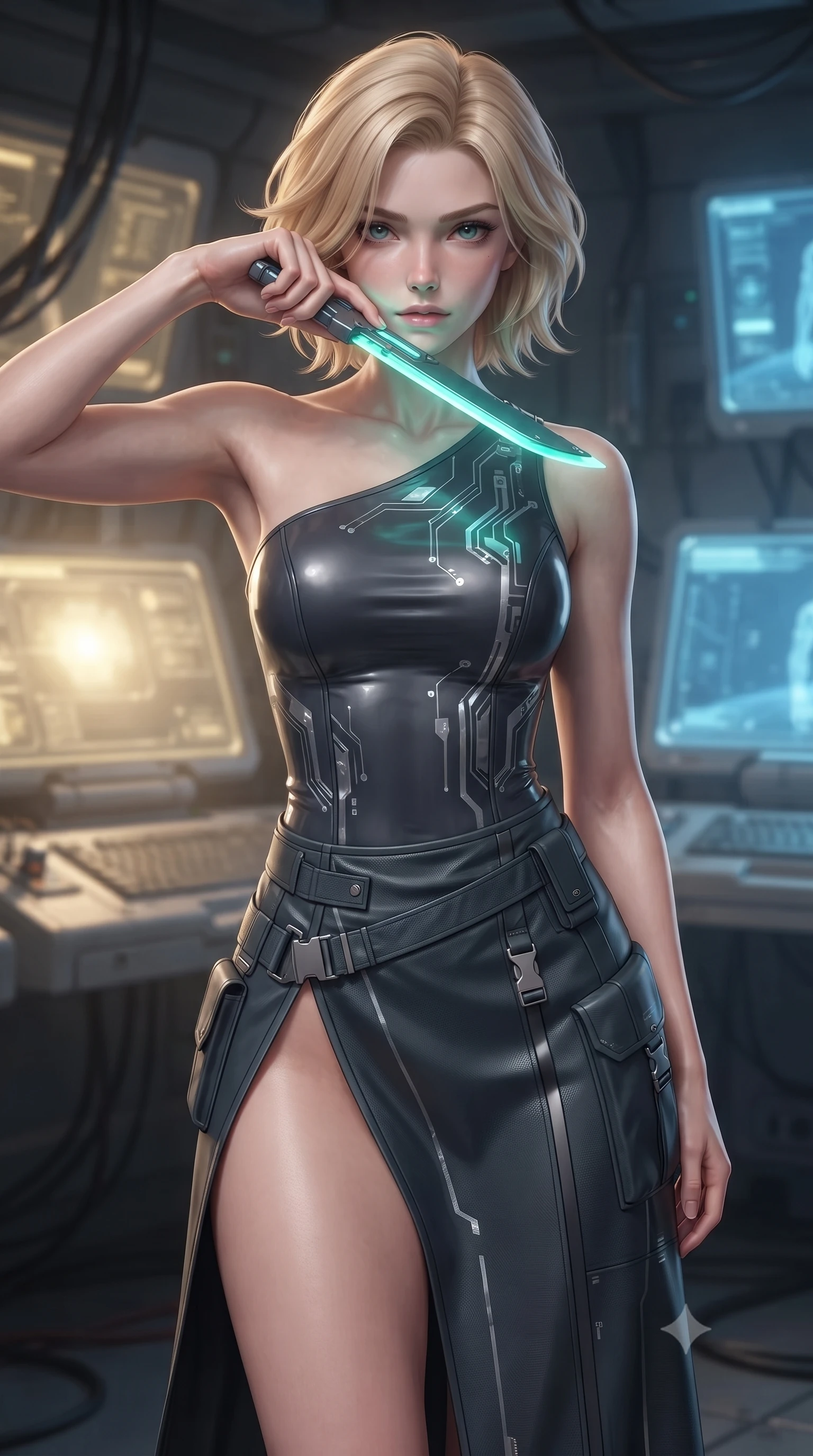 score_9, masterpiece, best quality, ultra-detailed, high-budget anime keyframe, editorial fashion photography, tasteful artistic composition, Caucasian woman. close-up cowboy shot from the waist and thighs up, the character dominates the composition, filling the frame with her large presence, background elements kept in soft focus. pressing the flat side of a glowing vibro-blade against her cheek, locking eyes with the viewer with bedroom-eyes, the background shows a soft-focus a replicator console room with holographic terminal displays in soft focus. She has an exceptionally elegant, slender, and willowy female figure with an ultra-slim waist, a gracefully sculpted slender torso, and a refined silhouette. sharp v-shaped jawline, high-bridge nose, intricate jewel-like eyes with depth, thick eyelashes, glossy lips with a natural sheen. wearing a tailored asymmetric one-shoulder nanotech bodice paired with a daring high-slit tactical utility wrap skirt. soft yellow terminal glare contrasting with the cool blue simulation space. ultra-reflective glossy finish, specular highlights, metallic sheen, high-contrast stereoscopic depth, volumetric dynamic lighting, 2k, ultra detail, master piece, 9:16 ratio