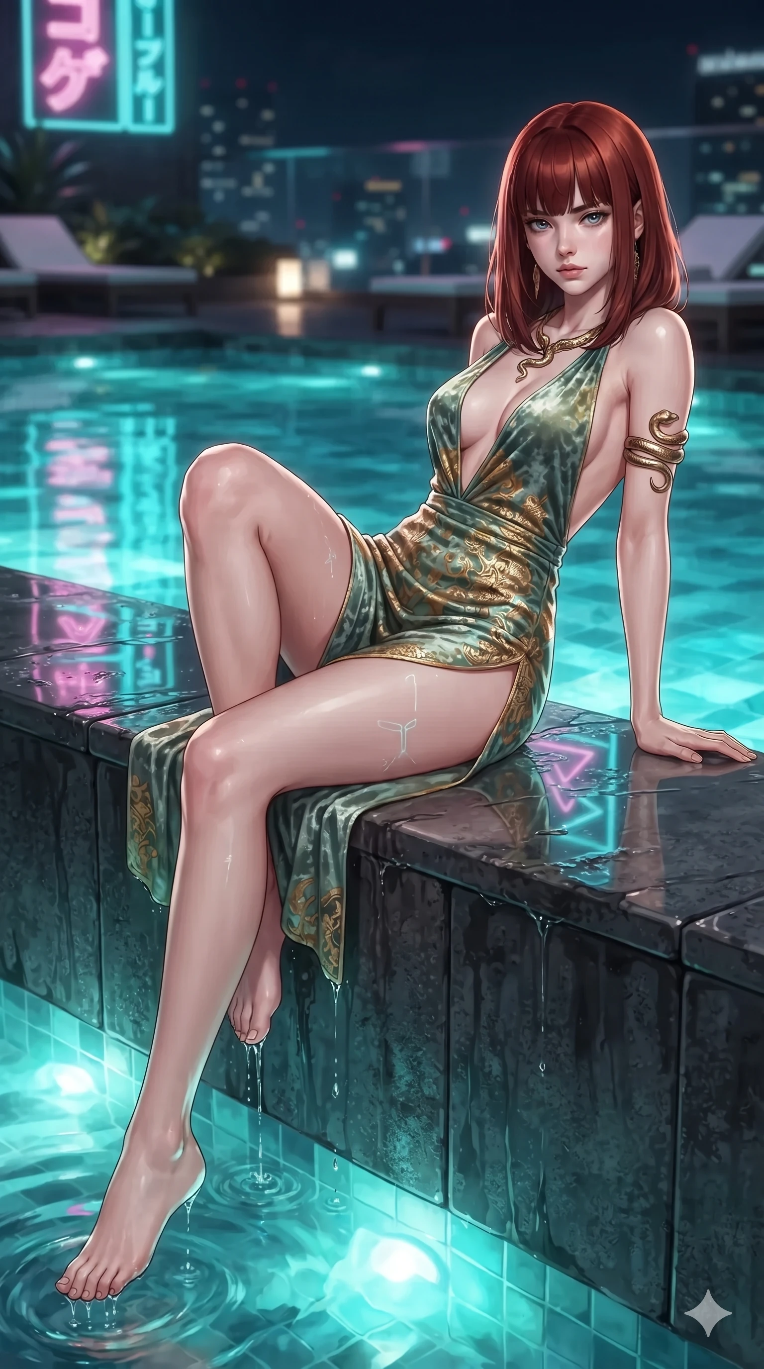score_9, masterpiece, best quality, ultra-detailed, high-budget anime keyframe, editorial fashion photography, tasteful artistic composition, Caucasian woman. low angle full-body shot from head to toe showing her feet, filling the entire 9:16 vertical frame with her statuesque presence, stretching her vertical silhouette. reclining on her side in an elegant Cleopatra pose with one knee drawn up, the dramatic contour of her rounded hips and long slender legs commanding the 9:16 vertical frame while twisting her slender torso in an alluring S-curve on the wet basalt ledge, glowing turquoise pool illumination and neon reflections tracing her silhouette. The surrounding environment is rendered in vivid detail and crisp panoramic clarity: detailed wet-look silk wrap tailoring, fine mesh accents, and architectural rooftop infinity pool design in razor-sharp clarity. She has an exceptionally tall and slender model-like 8.5-heads proportion, an ultra-slim waist, a flat toned midriff, narrow delicate ribcage, and beautifully sculpted feminine hips creating a graceful, slim hourglass silhouette without any bulky heaviness, with impossibly long slender legs. sharp v-shaped jawline, high-bridge nose, intricate jewel-like sparkling eyes with depth, thick eyelashes, glossy parted lips with a natural sheen, intensely captivating and seductive bedroom-eyes expression, exuding both youthful cute charm and sovereign luxury allure, flawlessly proportioned anatomical accuracy, strict slender model proportions, natural body alignment, perfectly sculpted long slender limbs, ultra-slim waistline, clean dynamic posture without body distortion. wearing a backless crushed velvet mini dress with a deep plunging neckline and hip-high thigh slit in celadon jade and antique gold-leaf, crafted from stretch micro-mesh with liquid foil coating that shimmers with every movement, finished with a minimalist chrome choker and a single teardrop diamond pendant, the glove-like clinging cut tightly following the natural contour of her hips and long slender legs with youthful 8.5-heads elegance. bathed in the radiant underwater turquoise glow of the thermal pool mixed with ambient city neon from the surrounding skyline. ultra-reflective glossy finish, specular highlights, rich textural contrasts, high-contrast stereoscopic depth, volumetric dynamic lighting, 2k, ultra detail, master piece, 9:16 ratio