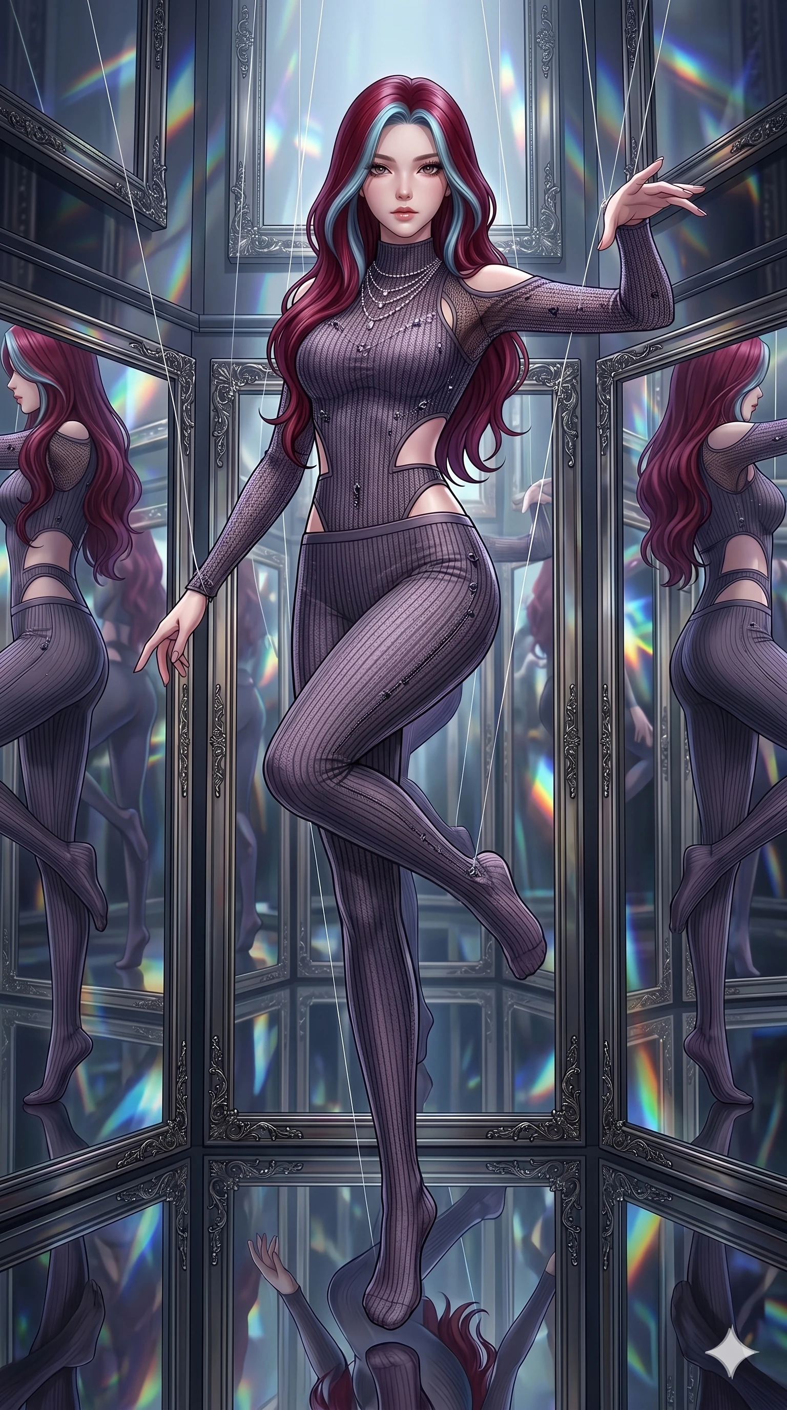 score_9, masterpiece, best quality, ultra-detailed, High-budget Anime Keyframe, East Asian woman. Dynamic full-body shot stretching the vertical silhouette to the limit. Scenario 146: Suspended by invisible silk threads in a hall of mirrors. Her presence is magnetic and overpowering in this high-budget anime scene. Outfit 146: A ribbed bodycon knit mesh with a strategic side cut-outs and tight-fitting silhouette. The clothing is designed to emphasize her exceptionally tall and slender 8-heads proportion. 8-heads proportion, towering silhouette, ultra-slim waist. sharp v-shaped jawline, intricate jewel-like eyes with depth, thick eyelashes, glossy lips. 2k, ultra detail, master piece, 9:16 ratio