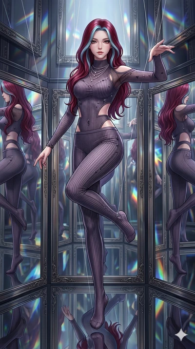 score_9, masterpiece, best quality, ultra-detailed, High-budget Anime Keyframe, East Asian woman. Dynamic full-body shot stretching the vertical silhouette to the limit. Scenario 146: Suspended by invisible silk threads in a hall of mirrors. Her pres
