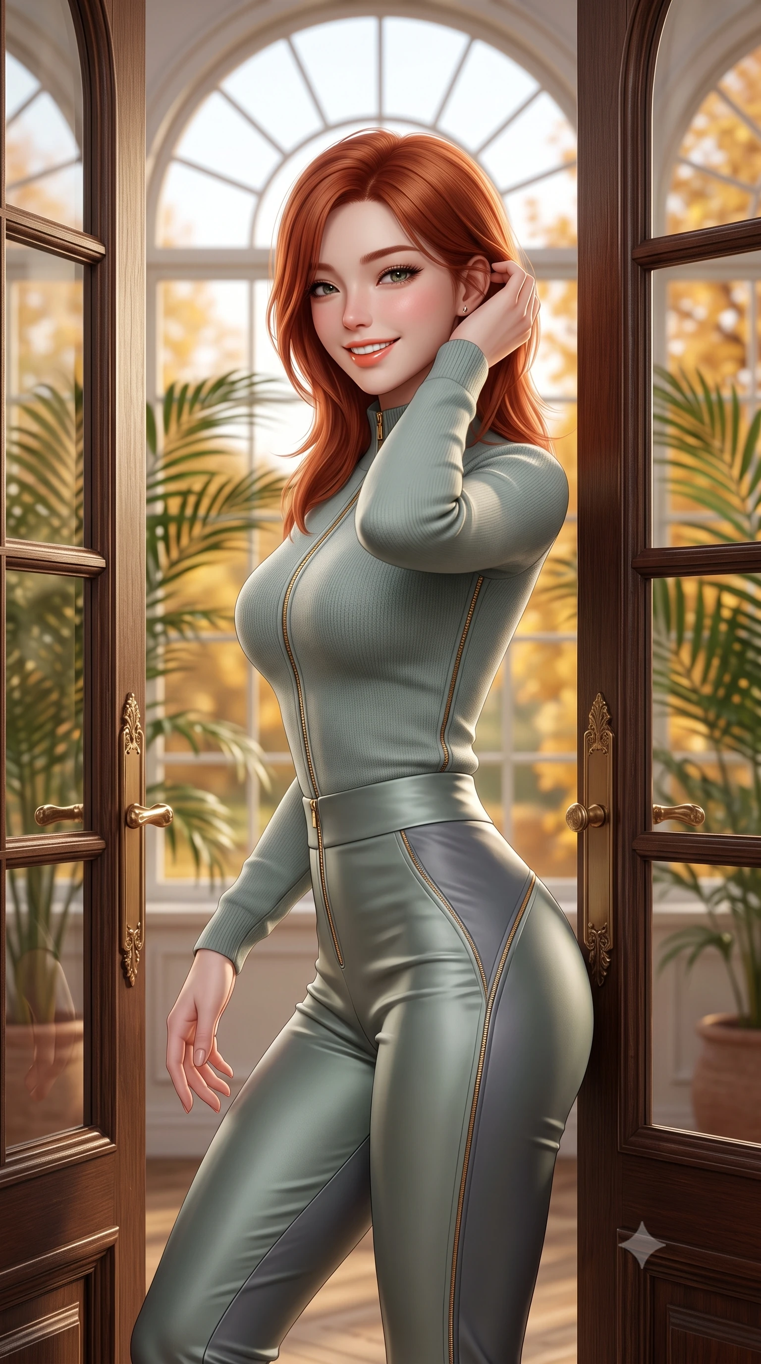 score_9, masterpiece, best quality, ultra-detailed, high-budget anime keyframe, semi-realistic 3D game render, editorial fashion photography, tasteful artistic composition, Korean woman. close-up cowboy shot from the waist and thighs up, the character dominates the composition, filling the frame with her large presence. gently brushing a lock of hair behind her ear while casting a playful, flirtatious side-gaze with long eyelashes while leaning against the ornate French double doors looking out toward Kensington Gardens with a serene, captivating expression. The background shows a soft-focus arched multi-pane conservatory windows, lush potted palm fronds, and golden maple trees outside blurred into honey, terracotta, and olive bokeh. She has an exceptionally elegant, slender, and willowy female figure with an ultra-slim waist, flat toned midriff, narrow ribcage, and sculpted feminine hips creating an alluring, slim hourglass silhouette without bulk. sharp v-shaped jawline, high-bridge nose, intricate jewel-like sparkling eyes with depth, thick eyelashes, glossy parted lips with a natural peach sheen, bright cheerful beaming smile with an enchanting and coquettish sensual glint, exuding both youthful cute charm and seductive allure, flawlessly proportioned anatomical accuracy, strict slender model proportions, natural body alignment, perfectly sculpted long slender limbs, ultra-slim waistline, clean dynamic posture without body distortion. wearing a body-hugging thermal cashmere zip-front ski sweater paired with sleek high-waisted stretch stirrup trousers in misty Arashiyama bamboo green and slate grey, crafted from lustrous liquid satin crepe that drapes in body-clinging ripples catching ambient lights, featuring fine gold zipper details tracing the vertical spine and contour seams, the glove-like clinging cut tightly following the natural contour of her hips and long slender legs with youthful 8.5-heads elegance. bathed in warm 3200K autumn sunlight streaming through floor-to-ceiling arched south-facing conservatory windows. highly saturated vibrant anime colors, detailed shading with soft gradients, rich glossy textures, high-contrast stereoscopic depth, volumetric dynamic lighting, master piece, 9:16 ratio