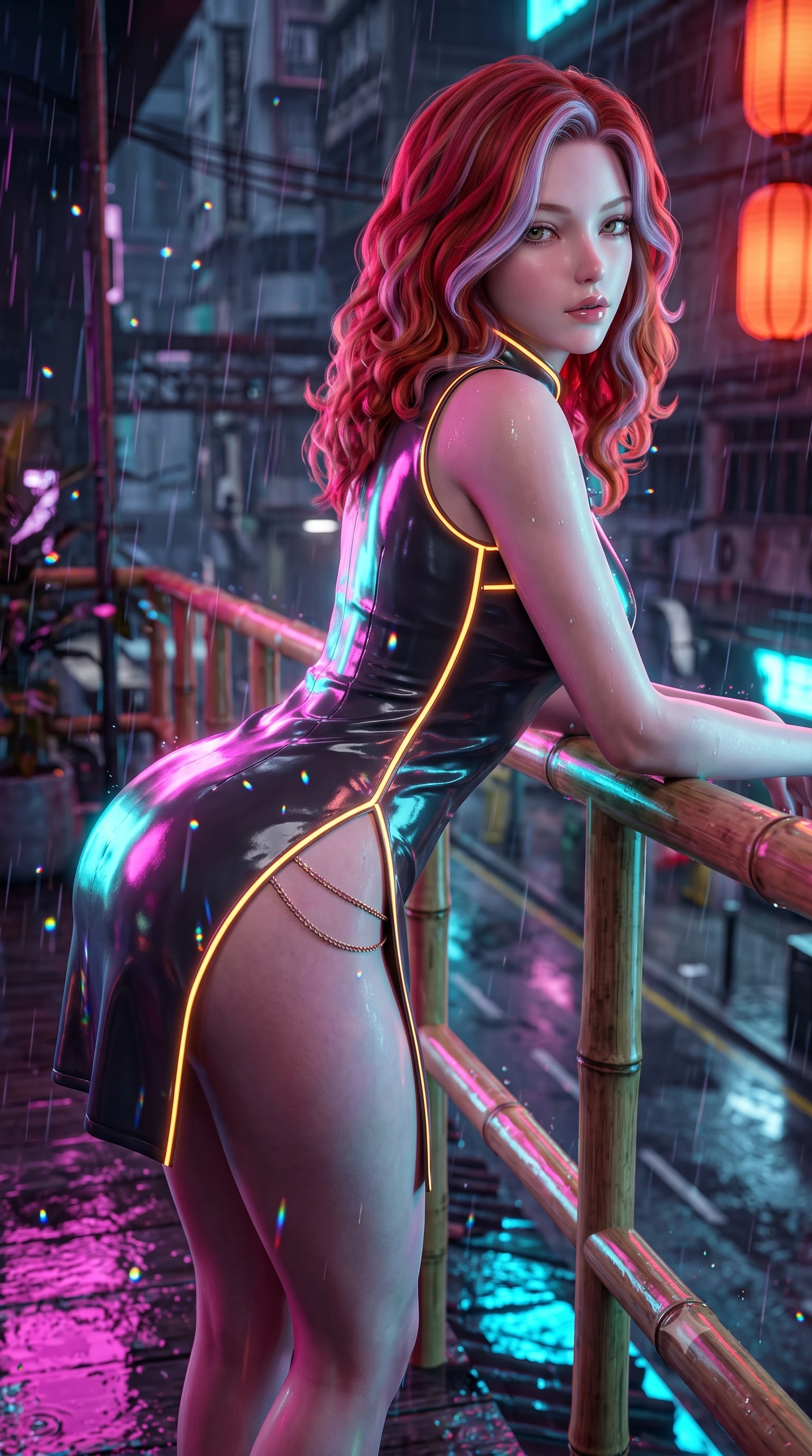 score_9, masterpiece, best quality, ultra-detailed, high-budget anime keyframe, semi-realistic 3D game render, editorial fashion photography, tasteful artistic composition, Caucasian woman. close-up cowboy shot from the waist and thighs up, the character dominates the composition, filling the frame with her large presence. leaning forward against the polished railing with her hips cocked back, creating an intoxicating curve from her narrow waist to sculpted hips as she gazes back into the lens while leaning deep against a rain-slicked rooftop bamboo railing with hips cocked back, looking over her shoulder as neon reflections wash over her curvy silhouette. The composition keeps background elements in soft focus with creamy bokeh. falling raindrops and neon puddle reflections scattering vivid chromatic light motes across the deck. She has an exceptionally elegant, slender, and willowy female figure with an ultra-slim waist, a gracefully sculpted slender torso, toned flat midriff, and rounded feminine hips creating an alluring hourglass silhouette. sharp v-shaped jawline, high-bridge nose, intricate jewel-like eyes with depth, thick eyelashes, glossy parted lips with a natural sheen, intensely captivating and seductive bedroom-eyes expression, flawlessly proportioned anatomical accuracy, strict slender model proportions, natural body alignment, perfectly sculpted long slender limbs, ultra-slim waistline, clean dynamic posture without body distortion. wearing a modernized cyber-qipao mini dress with an ultra-high side slit ascending to the hip and glowing LED piping in glowing amber-gold and dark graphite, formed from high-gloss patent leather with sharp specular chiaroscuro, complemented by a delicate metallic hip chain catching the neon rain caustics, the liquid-tight tailored fabric clinging flawlessly to her narrow waist and rounded feminine hips, emphasizing every millimeter of her sculpted hourglass curves during movement. bathed in vibrant magenta and electric cyan neon light contrasting with warm lantern scarlet downlights. highly saturated vibrant anime colors, detailed shading with soft gradients, rich glossy textures, high-contrast stereoscopic depth, volumetric dynamic lighting, master piece, 9:16 ratio