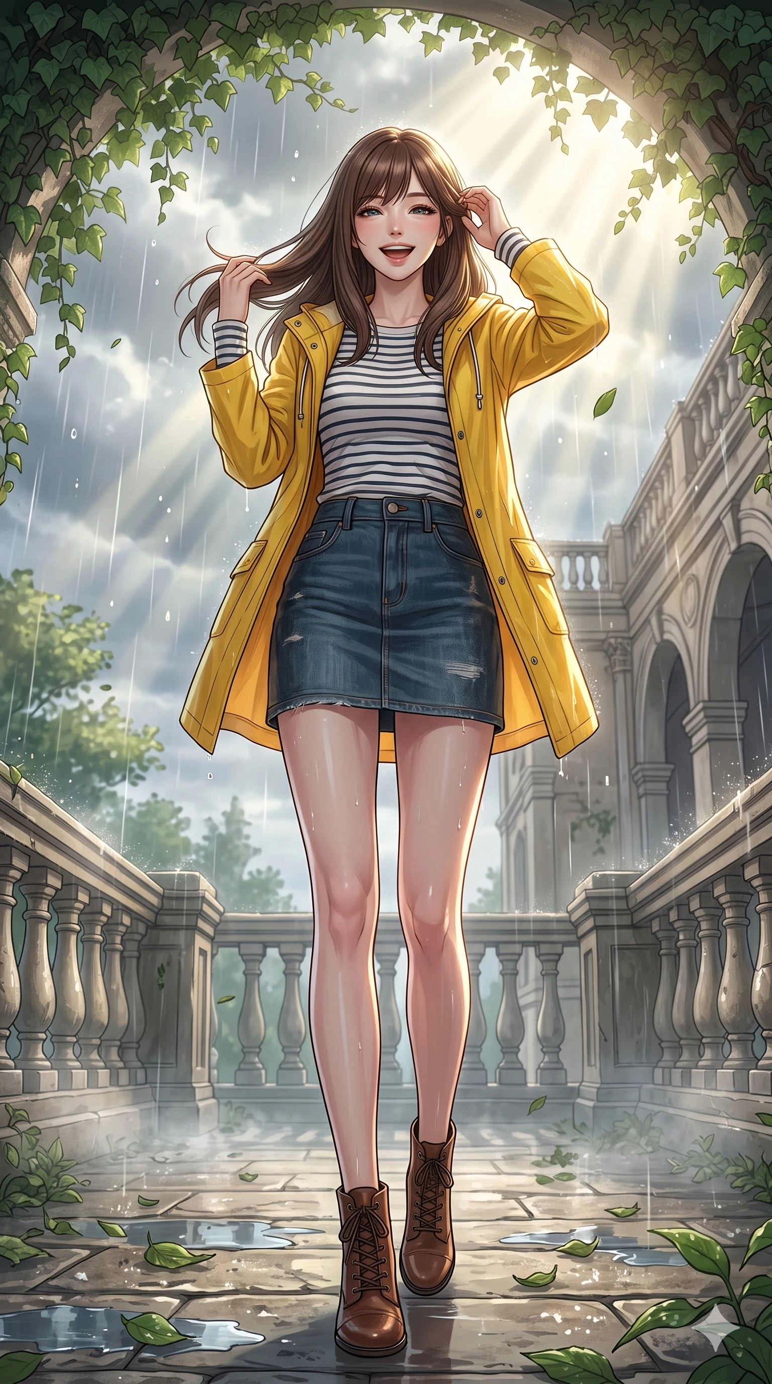 score_9, masterpiece, best quality, ultra-detailed, high-budget anime keyframe, vibrant anime aesthetic, Korean woman. low angle full-body shot from head to toe showing her feet, filling the entire 9:16 vertical frame with her statuesque presence, stretching her vertical silhouette. She is laughing happily while running her fingers through her hair in the rain, with her eyes bright and full of life surrounded by fresh morning mist. on a stone terrace of a classic villa under a leafy ivy canopy, during a warm summer rain shower (Code-P22-022). She has an absolutely perfect 8-heads proportion, an exceptionally tall and slender female figure with impossibly long slender legs and an ultra-slim waist. V-shaped jawline, high-bridge nose, intricate jewel-like eyes with depth, thick eyelashes, glossy lips with a natural sheen. wearing a bright yellow raincoat over a striped long-sleeve shirt and denim skirt with stylish boots. She is bathed in volumetric morning sunbeams piercing through rain clouds, accentuating her slender silhouette during a refreshing sun shower. 2k, ultra detail, master piece, 9:16 ratio