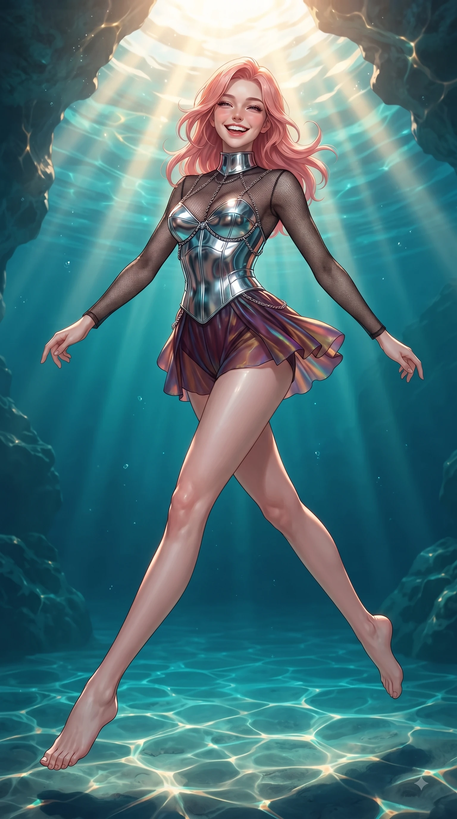 score_9, masterpiece, best quality, ultra-detailed, high-budget anime keyframe, editorial fashion photography, tasteful artistic composition, Japanese woman. low angle full-body shot from head to toe showing her feet, filling the entire 9:16 vertical frame with her statuesque presence, stretching her vertical silhouette. leaping with pure joy through mid-air with a radiant bright smile, her impossibly long slender legs stretched in perfect balance while gliding joyfully upward toward sunbeams penetrating a clear turquoise sea cavern, golden sunbeams penetrating deep turquoise water creating caustic light ripples. She has an absolutely perfect, statuesque 8.5-heads proportion, an exceptionally tall and slender model-like female figure with impossibly long slender legs and an ultra-slim waist. sharp v-shaped jawline, high-bridge nose, intricate jewel-like eyes with depth, thick eyelashes, glossy lips with a natural sheen, flawlessly proportioned anatomical accuracy, natural body alignment, perfectly sculpted elegant limbs, clean dynamic posture without body distortion. wearing a chrome-plated structured bodice worn over a sheer mesh top and micro-shorts in deep burgundy and bronze, crafted from iridescent chiffon that shifts colors in the light, adorned with delicate metallic chain straps along the neckline, the form-contouring material highlighting her ultra-slim waist and long lines. illuminated by cheerful aqua bioluminescence and warm golden top lighting. ultra-reflective glossy finish, specular highlights, metallic sheen, high-contrast stereoscopic depth, volumetric dynamic lighting, 2k, ultra detail, master piece, 9:16 ratio