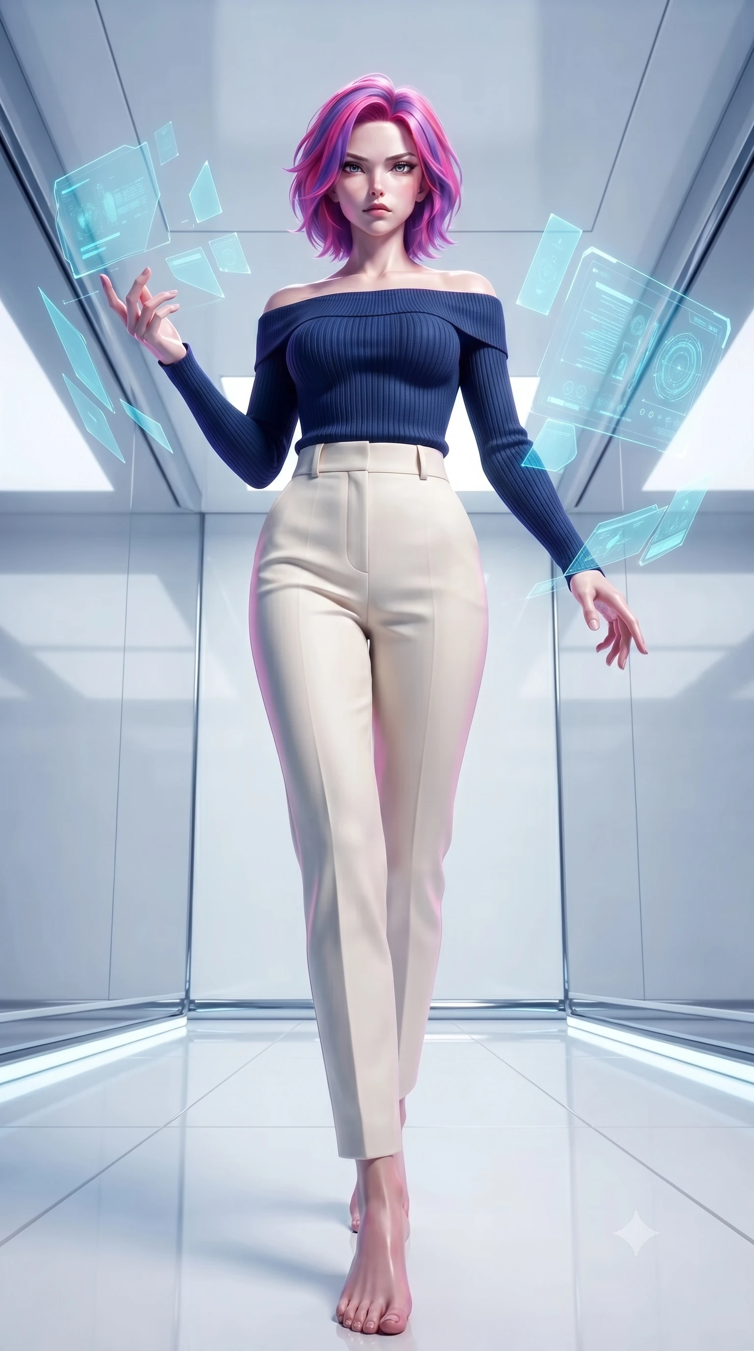 score_9, masterpiece, best quality, ultra-detailed, high-budget anime keyframe, editorial fashion photography, tasteful artistic composition, Caucasian woman. low angle full-body shot from head to toe showing her feet, filling the entire 9:16 vertical frame with her statuesque presence, stretching her vertical silhouette. stepping forward with proud posture, filling the vertical frame with her magnetic presence manipulating floating translucent cyan hologram data shards in a void, sleek reflective white and chrome surfaces emphasizing ultra-clean lines. She has an absolutely perfect, statuesque 8.5-heads proportion, an exceptionally tall and slender model-like female figure with impossibly long slender legs and an ultra-slim waist. sharp v-shaped jawline, high-bridge nose, intricate jewel-like eyes with depth, thick eyelashes, glossy lips with a natural sheen. wearing a sleek off-shoulder ribbed cashmere knit top paired with high-waist tailored pants, the sleek second-skin texture accentuating her magnetic presence. lit by bright volumetric laser beams and soft specular highlights. ultra-reflective glossy finish, specular highlights, metallic sheen, high-contrast stereoscopic depth, volumetric dynamic lighting, 2k, ultra detail, master piece, 9:16 ratio