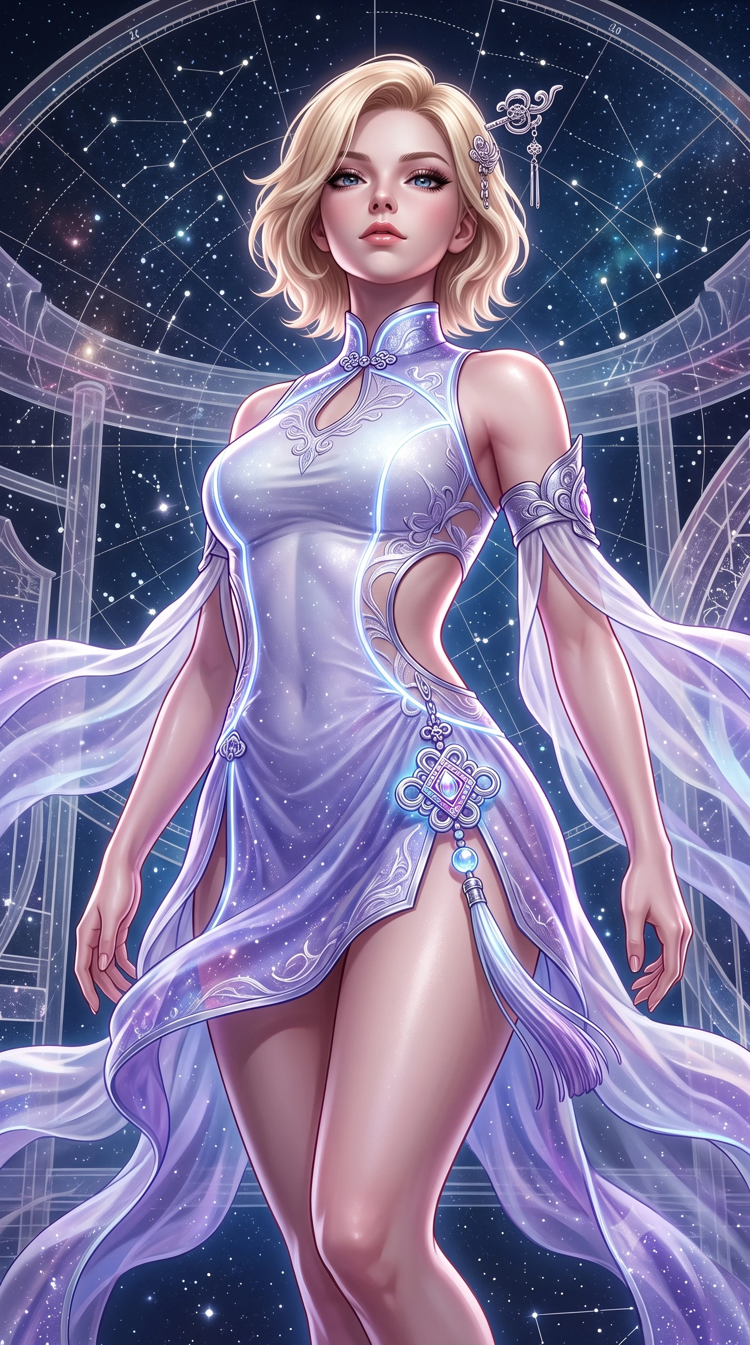 score_9, masterpiece, best quality, ultra-detailed, high-budget anime keyframe, semi-realistic 3D game render, editorial fashion photography, tasteful artistic composition, Caucasian woman. close-up cowboy shot from the waist and thighs up, the character dominates the composition, filling the frame with her large presence. tilting her chin up with proud, sovereign confidence while gazing directly into the lens with thick, dark eyelashes while hovering suspended in the center of a celestial star map with an indomitable, radiant gaze locking onto the viewer. The surrounding environment is rendered in vivid detail and crisp panoramic clarity. transcendent zero-gravity chiaroscuro and cosmic oriental palace aesthetics captured with precision. She has an exceptionally elegant, slender, and willowy female figure with an ultra-slim waist, a gracefully sculpted slender torso, toned flat midriff, and a refined slim silhouette. sharp v-shaped jawline, high-bridge nose, intricate jewel-like eyes with depth, thick eyelashes, glossy lips with a natural sheen, captivating and magnetic expression, flawlessly proportioned anatomical accuracy, strict slender model proportions, natural body alignment, perfectly sculpted long slender limbs, ultra-slim waistline, clean dynamic posture without body distortion. wearing a futuristic embroidered qipao mini dress with glowing fiber-optic seams and side cutouts in celestial opal white and stardust violet, crafted from sheer cascading chiffon that ripples like water, accented with a glowing metallic norigae knot charm and silver hairpin, the breezy yet form-flattering drape swaying gracefully with her steps, accentuating her long willowy limbs and slim waistline. illuminated by crisp specular highlights tracing her ultra-slim waist, toned midriff, and long slender limbs. highly saturated vibrant anime colors, detailed shading with soft gradients, rich glossy textures, high-contrast stereoscopic depth, volumetric dynamic lighting, master piece, 9:16 ratio
