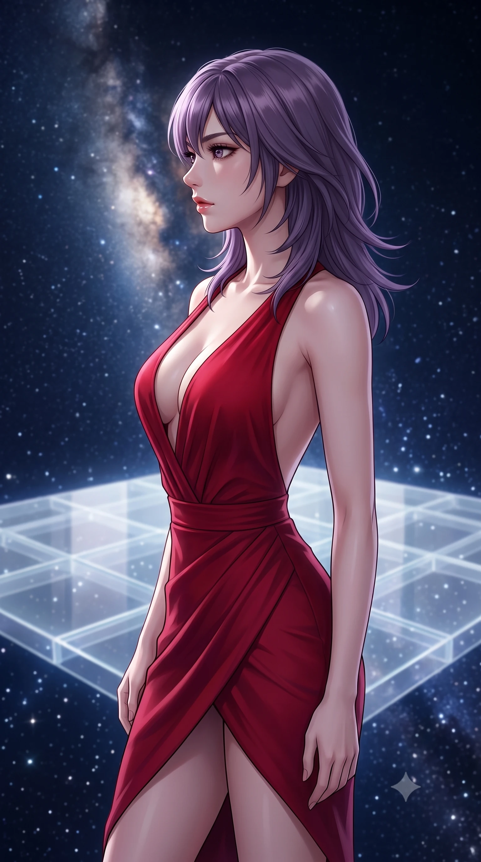 score_9, masterpiece, best quality, ultra-detailed, high-budget anime keyframe, editorial fashion photography, tasteful artistic composition, Japanese woman. close-up cowboy shot from the waist and thighs up, the character dominates the composition, filling the frame with her large presence, background elements kept in soft focus. Turning her face in sharp dramatic profile against the light. set against a soft-focus background of a transparent crystalline dance floor floating in open space with nothing but stars visible in every direction below through the glass and around the edges of the impossibly suspended platform. She has an exceptionally elegant and slender, willowy female figure with an ultra-slim waist, a gracefully sculpted slender torso, and a refined slim physique. sharp v-shaped jawline, high-bridge nose, intricate jewel-like eyes with depth, thick eyelashes, glossy lips with a natural sheen. wearing a crimson red jersey dress featuring a deep plunging neckline and an asymmetric wrap skirt with a high slit. pure unfiltered starlight from every direction creating shadowless illumination with the concentrated light of the Milky Way band providing a subtle bright strip across the scene. 2k, ultra detail, master piece, 9:16 ratio