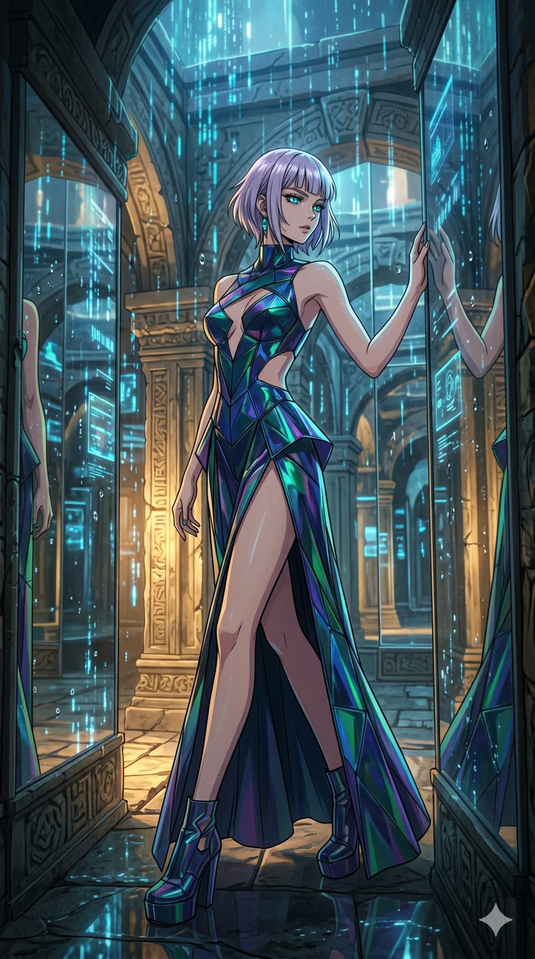 score_9, masterpiece, best quality, ultra-detailed, high-budget anime movie keyframe, cinematic anime lighting, intricate line art, Caucasian (strictly human ears) anime girl. Dynamic full-body shot stretching the vertical silhouette across the 9:16 frame. exploring lost ruins in a infinite mirror maze with holographic rain. She has an absolutely perfect 8-heads proportion, an exceptionally tall and slender female figure with an ultra-slim waist and impossibly long slender legs. sharp v-shaped jawline, high-bridge nose, intricate jewel-like eyes, thick eyelashes, glossy lips. Wearing avant-garde high-fashion gown made of iridescent vinyl with a dangerously high side slit and a plunging neckline, revealing an ultra-slim waist and long slender legs. The scene is illuminated by dramatic atmospheric lighting and vibrant color palettes. 2k, ultra detail, master piece, 9:16 ratio