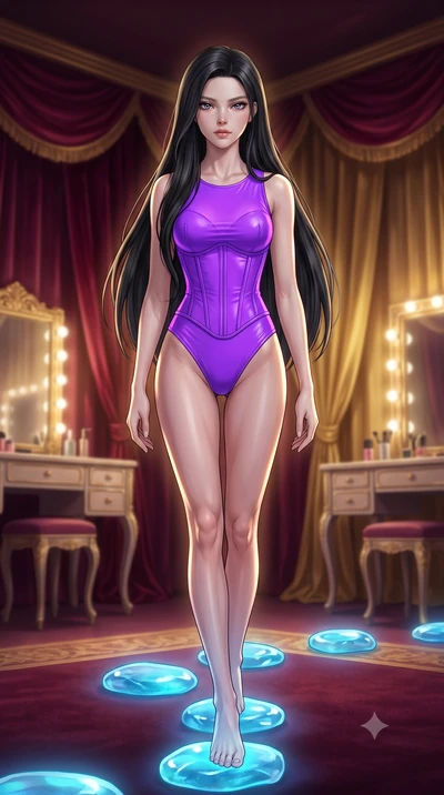 score_9, masterpiece, best quality, ultra-detailed, High-budget Anime Keyframe, East Asian woman. Low angle cowboy shot filling the entire 9:16 frame with her statuesque presence. Scenario 504: stepping across glowing azure stones in a velvet-lined d