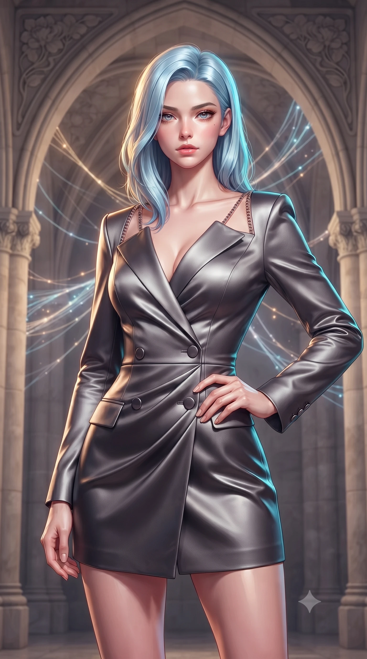 score_9, masterpiece, best quality, ultra-detailed, high-budget anime keyframe, editorial fashion photography, tasteful artistic composition, Korean woman. close-up cowboy shot from the waist and thighs up, the character dominates the composition, filling the frame with her large presence, background elements kept in soft focus. Holding a confident power pose with one hand on her hip, gazing directly into the camera with quiet intensity guiding glowing choir light threads weaving through majestic vaulted arches, intricate floral Art Nouveau motifs decorating the surrounding stone. She has an exceptionally elegant, slender, and willowy female figure with an ultra-slim waist, a gracefully sculpted slender torso, and a refined silhouette. sharp v-shaped jawline, high-bridge nose, intricate jewel-like eyes with depth, thick eyelashes, glossy lips with a natural sheen. wearing a double-breasted blazer dress with metallic pin-stripes in charcoal grey and platinum, crafted from lustrous satin jersey with fluid draping, adorned with delicate metallic chain straps along the neckline, the glove-like fit emphasizing her statuesque silhouette. illuminated by a warm golden key light and brilliant multi-color rim light. highly saturated vibrant anime colors, detailed shading with soft gradients, rich glossy textures, high-contrast stereoscopic depth, volumetric dynamic lighting, master piece, 9:16 ratio