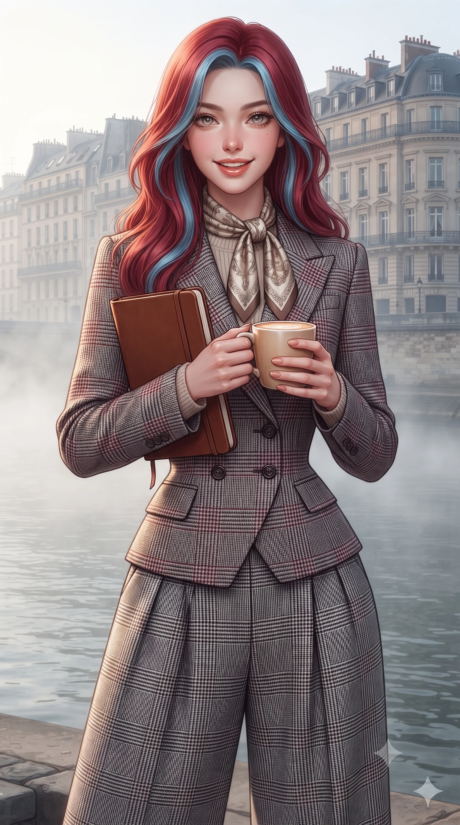 score_9, masterpiece, best quality, ultra-detailed, high-budget anime keyframe, editorial fashion photography, tasteful artistic composition, Caucasian woman. close-up cowboy shot from the waist and thighs up, the character dominates the composition, filling the frame with her large presence. holding a leather notebook close to her chest with both arms, smiling delightfully with youthful scholarly grace while holding a warm mug of café au lait in both hands, wrapped in an elegant wool wrap coat as morning mist rises over the river. The surrounding environment is rendered in vivid detail and crisp panoramic clarity: detailed ribbed merino knit sweater collar, tailored wide-leg trousers, and Haussmann architectural craft in high resolution. She has an exceptionally elegant, slender, and willowy female figure with an ultra-slim waist, flat toned midriff, narrow ribcage, and sculpted feminine hips creating an alluring, slim hourglass silhouette without bulk. sharp v-shaped jawline, high-bridge nose, intricate jewel-like sparkling eyes with depth, thick eyelashes, glossy parted lips with a natural peach sheen, bright cheerful beaming smile with an enchanting and coquettish sensual glint, exuding both youthful cute charm and seductive allure, flawlessly proportioned anatomical accuracy, strict slender model proportions, natural body alignment, perfectly sculpted long slender limbs, ultra-slim waistline, clean dynamic posture without body distortion. wearing a double-breasted Prince of Wales check tailored wool blazer paired with high-waisted pleated wide-leg trousers in classic glen plaid monochrome with subtle wine red accent, tailored from fine wool gabardine with crisp permanent pleats and sharp drape, finished with a printed silk twilly scarf knotted gracefully around her neck, the structured cinched belt emphasizing her narrow waistline and gracefully balanced proportions with timeless haute-couture polish. illuminated by zinc roof reflection fill and clean pearlescent rim lights accentuating her sharp jawline and willowy silhouette. ultra-reflective glossy finish, specular highlights, rich textural contrasts, high-contrast stereoscopic depth, volumetric dynamic lighting, 2k, ultra detail, master piece, 9:16 ratio
