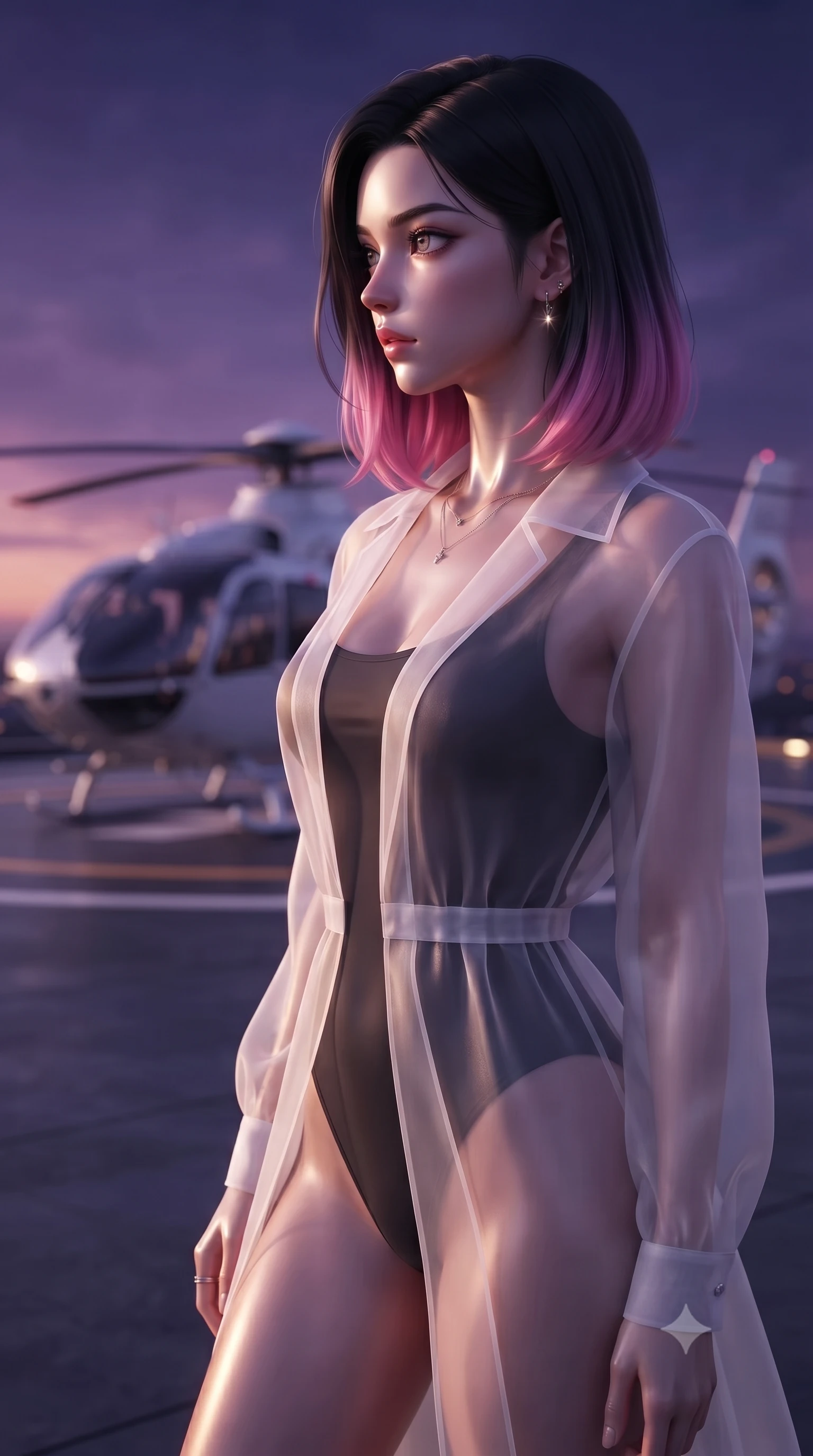 score_9, masterpiece, best quality, ultra-detailed, high-budget anime keyframe, editorial fashion photography, tasteful artistic composition, Korean woman. close-up cowboy shot from the waist and thighs up, the character dominates the composition, filling the frame with her large presence, background elements kept in soft focus. turning her face in sharp profile, casting a cold, mysterious, yet intensely alluring side gaze, the background shows a soft-focus a high-rise rooftop helipad with a sleek white helicopter during a dramatic dusk. She has an exceptionally elegant, slender, and willowy female figure with an ultra-slim waist, a gracefully sculpted slender torso, and a refined silhouette. sharp v-shaped jawline, high-bridge nose, intricate jewel-like eyes with depth, thick eyelashes, glossy lips with a natural sheen. wearing a tailored sheer white organza resort cover-up worn over a form-fitting one-piece swimsuit, showing her elegant clavicle lines. the deep violet and orange twilight sky casting a majestic glow over the tarmac. ultra-reflective glossy finish, specular highlights, metallic sheen, high-contrast stereoscopic depth, volumetric dynamic lighting, 2k, ultra detail, master piece, 9:16 ratio