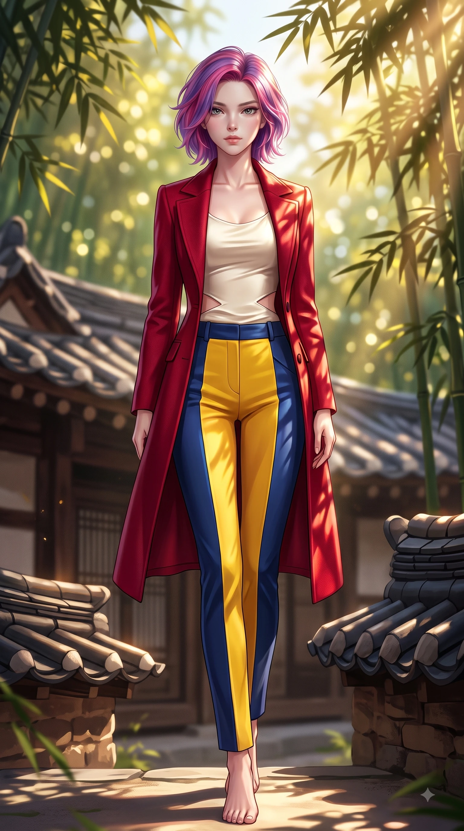 score_9, masterpiece, best quality, ultra-detailed, high-budget anime keyframe, editorial fashion photography, tasteful artistic composition, Caucasian woman. low angle full-body shot from head to toe showing her feet, filling the entire 9:16 vertical frame with her statuesque presence, stretching her vertical silhouette. Tender lingering expression with a quiet reluctant backward glance, as if hesitating to leave the moment while pivoting near traditional clay tile roofs as golden sunbeams filter through bamboo leaves. The composition keeps background elements in soft focus with dreamy bokeh. dappled sunlight filtering through bamboo leaves creating a peaceful blurred backdrop. She has an absolutely perfect, statuesque 8.5-heads proportion, an exceptionally tall and slender model-like female figure with impossibly long slender legs and an ultra-slim waist. sharp v-shaped jawline, high-bridge nose, intricate jewel-like eyes with depth, thick eyelashes, glossy lips with a natural sheen, flawlessly proportioned anatomical accuracy, natural body alignment, perfectly sculpted elegant limbs, clean dynamic posture without body distortion. wearing a tailored crimson red wool coat over a fitted ivory silk top and tailored trousers in sunflower yellow and royal navy blue, tailored from crisp high-density cotton poplin, complemented by clean architectural seams and subtle cutouts, the chic fashion cut framing her graceful clavicle and slender torso. bathed in bright morning sunbeams filtering through lush bamboo canopies. highly saturated vibrant anime colors, detailed shading with soft gradients, rich glossy textures, high-contrast stereoscopic depth, volumetric dynamic lighting, master piece, 9:16 ratio