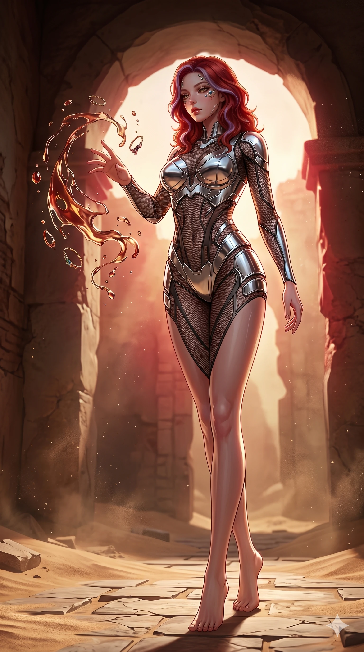 score_9, masterpiece, best quality, ultra-detailed, high-budget anime keyframe, Korean woman. low angle full-body shot filling the entire 9:16 frame with her statuesque presence, stretching the vertical silhouette. interacting with liquid stained-glass that melts and swirls in mid-air inside a crumbling desert ruin, the fluid jewelry floating in suspension. She has an absolutely perfect 8-heads proportion, an exceptionally tall and slender female figure with impossibly long slender legs and an ultra-slim waist. V-shaped jawline, high-bridge nose, intricate jewel-like eyes with depth, thick eyelashes, glossy lips with a natural sheen.. wearing a bionic chrome plate bodysuit, featuring silver chrome plates covering the bust and hips, connected by sheer black mesh panels. illuminated by dramatic chiaroscuro casting soft shadows along her curves, with vibrant backlighting highlighting the dust particles. 2k, ultra detail, master piece, 9:16 ratio
