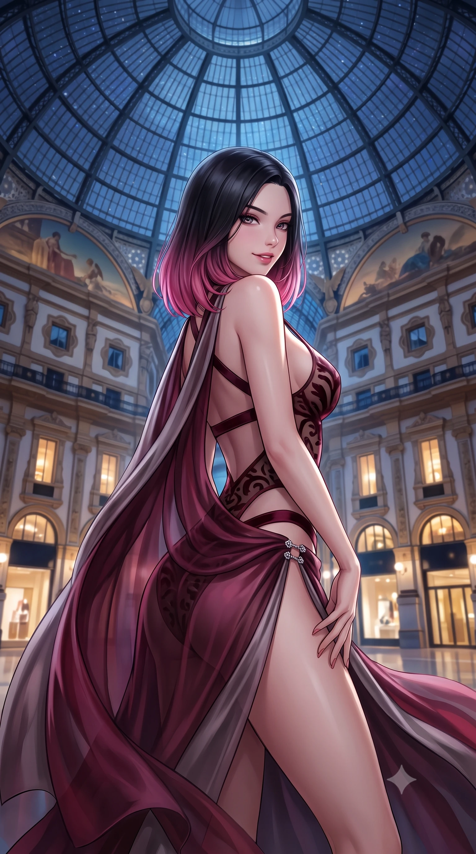 score_9, masterpiece, best quality, ultra-detailed, high-budget anime keyframe, semi-realistic 3D game render, editorial fashion photography, tasteful artistic composition, Korean woman. close-up cowboy shot from the waist and thighs up, the character dominates the composition, filling the frame with her large presence. turning over a bare shoulder with an intoxicating, teasing smile, her soft hair framing her sharp jawline as her hips angle gracefully while standing poised between towering four-story neoclassical facades, twisting her slender torso in an alluring S-curve under the starlit glass dome. The composition keeps background elements in soft focus with creamy bokeh. monumental iron-and-glass vaulted ceiling and illuminated luxury boutique windows blurred into warm champagne, sapphire, and gold bokeh. She has an exceptionally elegant, slender, and willowy female figure with an ultra-slim waist, flat toned midriff, narrow ribcage, and sculpted feminine hips creating an alluring, slim hourglass silhouette without bulk. sharp v-shaped jawline, high-bridge nose, intricate jewel-like eyes with depth, thick eyelashes, glossy parted lips with a natural sheen, intensely captivating and seductive bedroom-eyes expression, flawlessly proportioned anatomical accuracy, strict slender model proportions, natural body alignment, perfectly sculpted long slender limbs, ultra-slim waistline, clean dynamic posture without body distortion. wearing a desert queen monokini with crossed chest straps and high-cut hip bands, worn under a sweeping organza cape in deep wine burgundy and brushed dark platinum, made of sheer contouring power-mesh with velvet flocking patterns, finished with an ultra-high side slit secured by miniature jeweled clasps, the liquid-tight tailored fabric clinging flawlessly to her narrow waist and rounded feminine hips, emphasizing every millimeter of her sculpted slim hourglass curves without any bulky heaviness. bathed in soft architectural boutique spotlighting contrasting with cool midnight skylight through the glass dome. highly saturated vibrant anime colors, detailed shading with soft gradients, rich glossy textures, high-contrast stereoscopic depth, volumetric dynamic lighting, master piece, 9:16 ratio