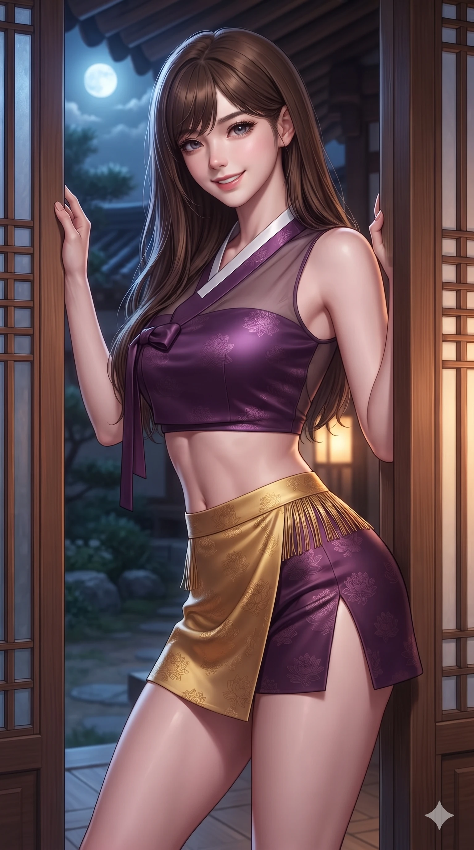 score_9, masterpiece, best quality, ultra-detailed, high-budget anime keyframe, editorial fashion photography, tasteful artistic composition, Korean woman. close-up cowboy shot from the waist and thighs up, the character dominates the composition, filling the frame with her large presence. smiling with quiet, magnetic self-assurance directly into the camera, her sculpted waistline catching specular moonbeam highlights while leaning against the polished timber doorframe with hips cocked back, looking through dark curled eyelashes with an enchanting smile. The surrounding environment is rendered in vivid detail and crisp panoramic clarity: detailed deep V-neck sheer hanbok blouse tailoring, silk bandeau, and historic architectural framing in razor-sharp clarity. She has an exceptionally elegant, slender, and willowy female figure with an ultra-slim waist, flat toned midriff, narrow ribcage, and sculpted feminine hips creating an alluring, slim hourglass silhouette without bulk. sharp v-shaped jawline, high-bridge nose, sparkling eyes with hypnotic seductive depth, thick curled eyelashes, glossy parted lips with a natural dewy peach sheen, alluring bedroom-eyes with an enchanting coquettish smile, exuding magnetic siren charisma and sophisticated glamour, flawlessly proportioned anatomical accuracy, strict slender model proportions, natural body alignment, perfectly sculpted long slender limbs, ultra-slim waistline, clean dynamic posture without body distortion. wearing a liquid-look silk satin jeogori crop top with low-back scoop paired with high-slit wrap mini shorts in imperial gold and royal plum purple, tailored from rich silk jacquard with subtle embossed lotus blossom patterns, finished with delicate silk fringe trim fluttering along her hip line with kinetic charm, the form-contouring silhouette accentuating her sculpted flat midriff, narrow delicate ribcage, and gracefully curvy hips with intoxicating allure. bathed in dual lighting: cool silver moonlight from the exterior garden contrasting with warm 2700K lantern glow from within. ultra-reflective glossy finish, specular highlights, rich textural contrasts, high-contrast stereoscopic depth, volumetric dynamic lighting, 2k, ultra detail, master piece, 9:16 ratio