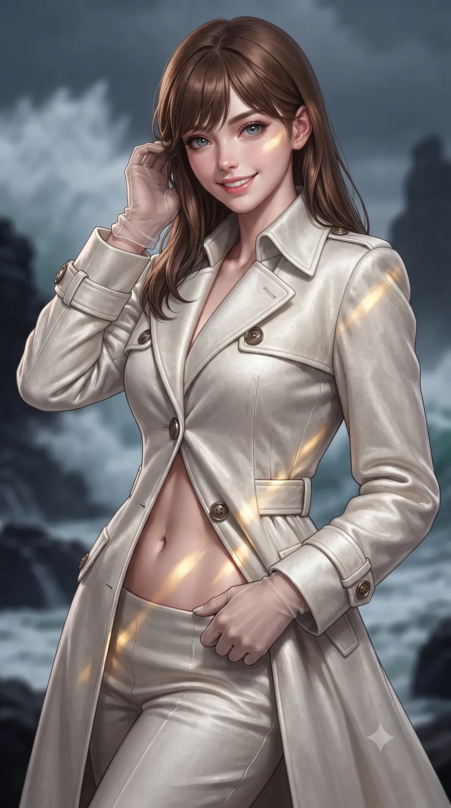 score_9, masterpiece, best quality, ultra-detailed, high-budget anime keyframe, editorial fashion photography, tasteful artistic composition, Korean woman. close-up cowboy shot from the waist and thighs up, the character dominates the composition, filling the frame with her large presence. gently brushing a lock of hair behind her ear while casting a playful, flirtatious side-gaze with long eyelashes while twisting her slender torso in an alluring contrapposto stance, sweeping beams of the lighthouse lantern casting dramatic golden flashes across her flat midriff and hips. The background shows a soft-focus colossal storm waves crashing over dark granite sea stacks, rotating Fresnel lens light beams cutting through midnight sea spray, blurred into diamond, slate, and sapphire bokeh. She has an exceptionally elegant, slender, and willowy female figure with an ultra-slim waist, flat toned midriff, narrow ribcage, and sculpted feminine hips creating an alluring, slim hourglass silhouette without bulk. sharp v-shaped jawline, high-bridge nose, intricate jewel-like sparkling eyes with depth, thick eyelashes, glossy parted lips with a natural peach sheen, bright cheerful beaming smile with an enchanting and coquettish sensual glint, exuding both youthful cute charm and seductive allure, flawlessly proportioned anatomical accuracy, strict slender model proportions, natural body alignment, perfectly sculpted long slender limbs, ultra-slim waistline, clean dynamic posture without body distortion. wearing a structured Tulum raw silk safari trench coat with horn buttons and storm flaps in pure translucent crystal white and liquid platinum, tailored from ultra-plush silk velvet with rich tactile depth and deep shadow gradients, complemented by sheer opera-length evening gloves tracing her slender arms, the impeccably tailored cut draping gracefully along her slender figure with aristocratic poise. illuminated by curved glass reflection bounce and sharp platinum-gold rim lights defining her dewy collarbones, ultra-slim waist, and curvy hips. ultra-reflective glossy finish, specular highlights, rich textural contrasts, high-contrast stereoscopic depth, volumetric dynamic lighting, 2k, ultra detail, master piece, 9:16 ratio