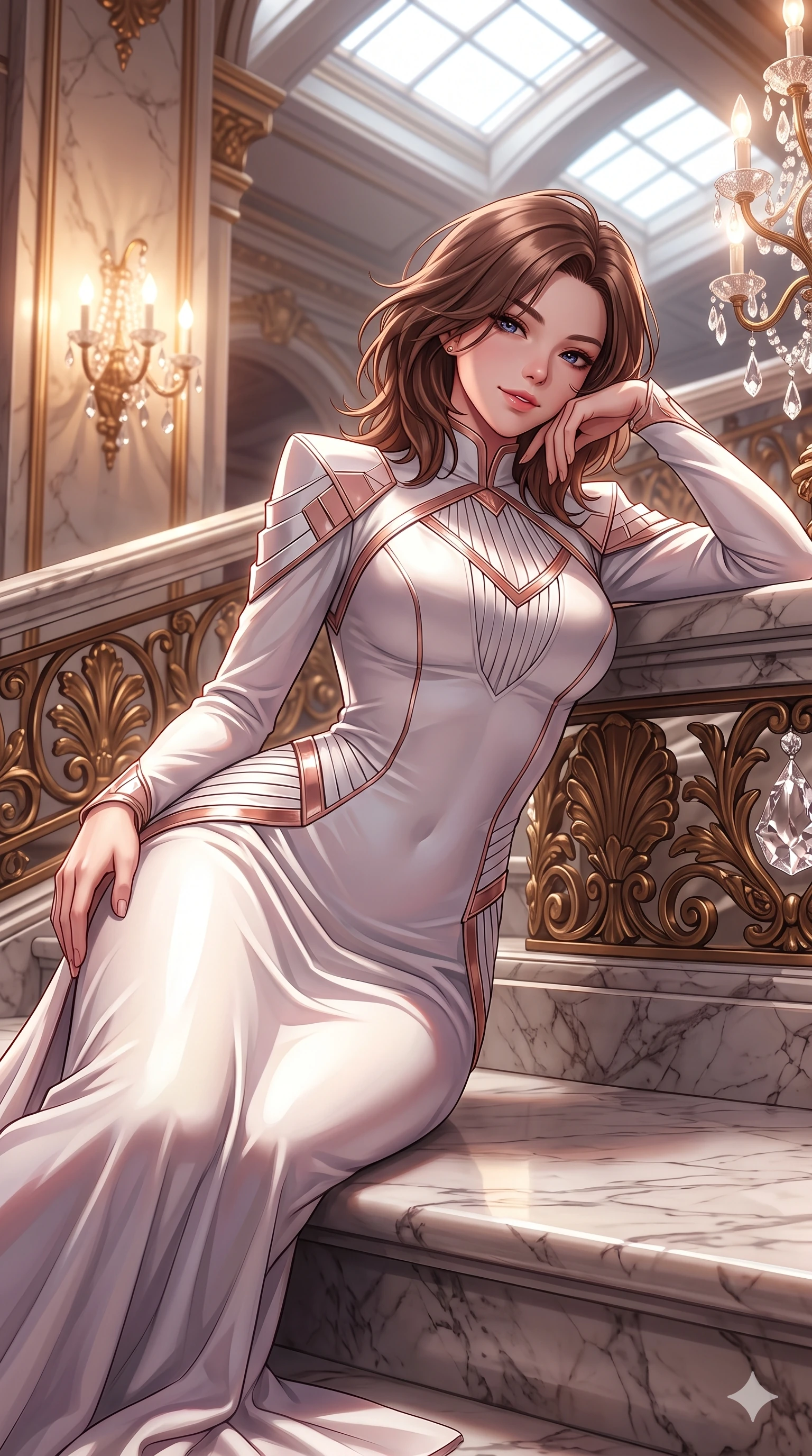 score_9, masterpiece, best quality, ultra-detailed, high-budget anime keyframe, semi-realistic 3D game render, editorial fashion photography, tasteful artistic composition, Korean woman. close-up cowboy shot from the waist and thighs up, the character dominates the composition, filling the frame with her large presence. tilting her head with a teasing half-smile, running one hand slowly down the side of her hip in a flirtatious S-curve as ambient light caresses her silhouette while reclining on the broad marble stair landing propped on one elbow, her long slender legs and sculpted waist commanding the opulent Belle Époque space. The surrounding environment is rendered in vivid detail and crisp panoramic clarity: sharp marble step vein textures, crisp cast-bronze acanthus leaf details, and crystal wall sconce facets in deep focus. She has an exceptionally elegant, slender, and willowy female figure with an ultra-slim waist, flat toned midriff, narrow ribcage, and sculpted feminine hips creating an alluring, slim hourglass silhouette without bulk. sharp v-shaped jawline, high-bridge nose, intricate jewel-like sparkling eyes with depth, thick eyelashes, glossy parted lips with a natural sheen, intensely captivating and seductive bedroom-eyes expression, exuding both youthful cute charm and sovereign luxury allure, flawlessly proportioned anatomical accuracy, strict slender model proportions, natural body alignment, perfectly sculpted long slender limbs, ultra-slim waistline, clean dynamic posture without body distortion. wearing a refined long-sleeve high-collar silk georgette diplomatic gown with structured geometric shoulder plates and pleated skirt in celestial porcelain white and rose-gold, tailored from heavy double-faced silk georgette with an exceptionally fluid drape, complemented by strappy stiletto sandals with metallic ankle wraps accentuating her slender calves, the impeccably tailored cut draping gracefully along her slender figure with aristocratic poise. bathed in the warm luminous glow of crystal wall sconces and grand overhead skylights filtering soft diffuse daylight. highly saturated vibrant anime colors, detailed shading with soft gradients, rich glossy textures, high-contrast stereoscopic depth, volumetric dynamic lighting, master piece, 9:16 ratio