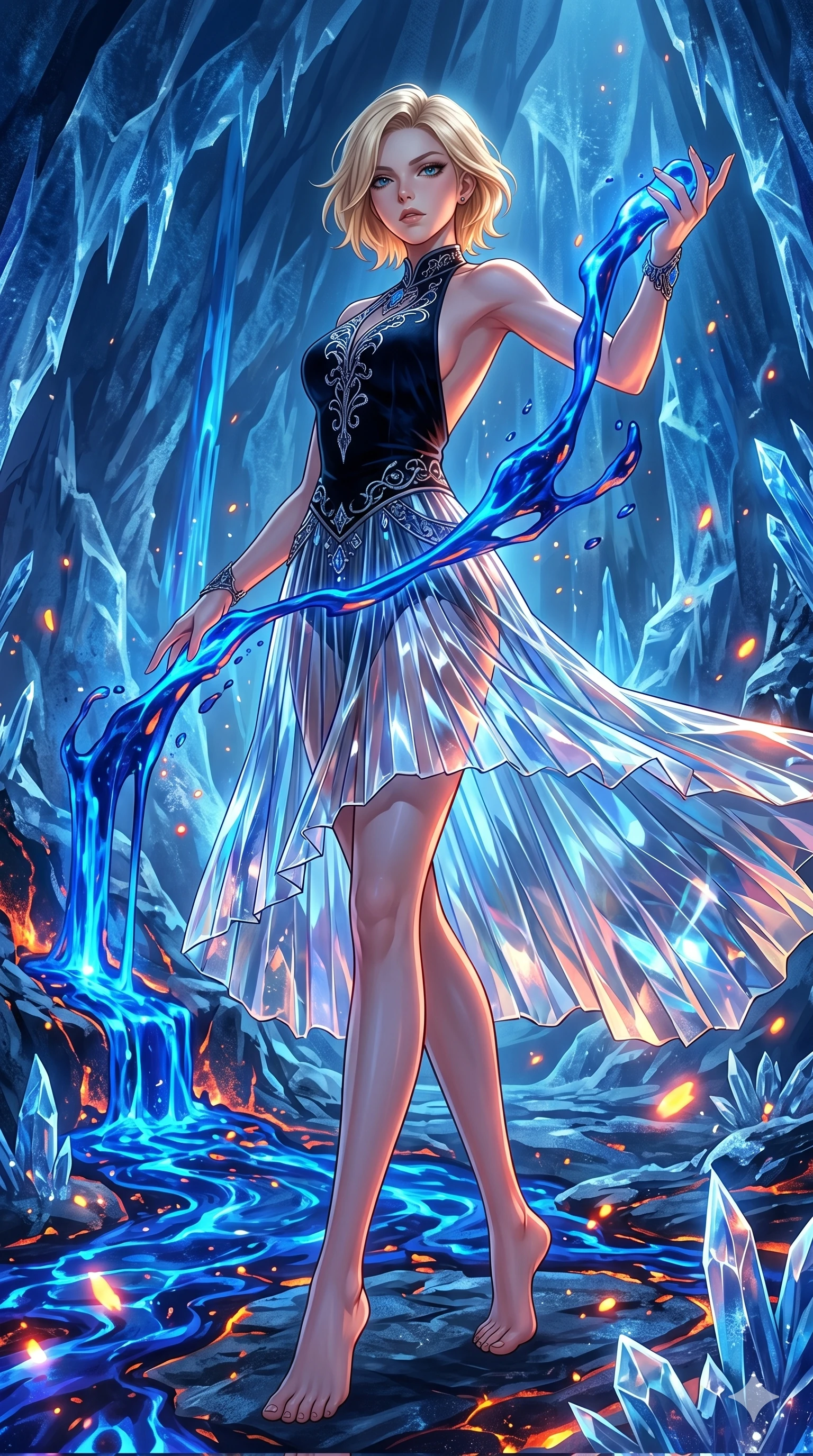 score_9, masterpiece, best quality, ultra-detailed, high-budget anime keyframe, Caucasian woman, strictly human ears. low angle full-body shot filling the entire 9:16 frame with her statuesque presence, stretching the vertical silhouette. forging in a prismatic ice-volcano temple where glowing cobalt-blue liquid magma flows between frozen blue ash crystals. She has an absolutely perfect 8-heads proportion, an exceptionally tall and slender female figure with impossibly long slender legs and an ultra-slim waist. V-shaped jawline, high-bridge nose, intricate jewel-like eyes with depth, thick eyelashes, glossy lips with a natural sheen.. wearing a fractal glass pleated skirt and a backless black velvet halter neck top, creating a dramatic and elegant silhouette. accented by dynamic color-blocked lighting with high-contrast shadows emphasizing her statuesque height. 2k, ultra detail, master piece, 9:16 ratio