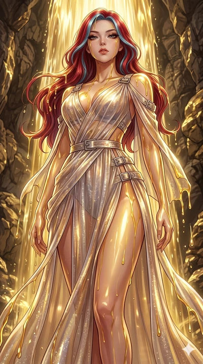 score_9, masterpiece, best quality, ultra-detailed, High-budget Anime Keyframe, East Asian woman. Low angle cowboy shot filling the entire 9:16 frame with her statuesque presence. Scenario 239: Standing under a waterfall of liquid gold, the fluid coa