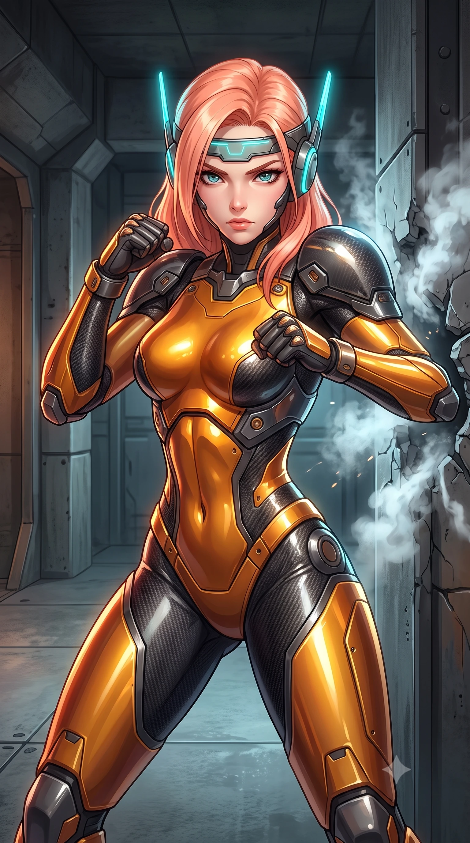 score_9, masterpiece, best quality, ultra-detailed, high-budget anime keyframe, semi-realistic 3D game render, editorial fashion photography, tasteful artistic composition, Japanese woman. close-up cowboy shot from the waist and thighs up, the character dominates the composition, filling the frame with her large presence. in a razor-sharp Panzer Kunst fighting guard with raised fists, captivating jewel-like eyes locked onto the viewer with fierce, resolute determination while pivoting dynamically through escaping coolant steam as her heavy carbon shoulder guards smash through steel barricades. The surrounding environment is rendered in vivid detail and crisp panoramic clarity. intense bunker chiaroscuro and fortified underground brutalist architecture rendered with precision. She has an exceptionally elegant, slender, and willowy female figure with an ultra-slim waist, a gracefully sculpted slender torso, toned flat midriff, and a refined slim silhouette. sharp v-shaped jawline, high-bridge nose, intricate jewel-like eyes with depth, thick eyelashes, glossy lips with a natural sheen, fierce and resolute heroine expression, flawlessly proportioned anatomical accuracy, strict slender model proportions, natural body alignment, perfectly sculpted long slender limbs, ultra-slim waistline, clean dynamic posture without body distortion. wearing a lightweight carbon-fiber tactical sensory headpiece with glowing cyan ear-antennae and an ultra-thin forehead HUD brow-band, paired with an ultra-sleek high-gloss carbon-composite exoskeleton suit featuring kinetic shock-absorbing shin guards and flexible limb articulation joints in molten amber-gold carbon cuirass with dark gunmetal weave, made of lightweight aerodynamic carbon-titanium alloy with precision-beveled armor seams, finished with high-mobility flexible armor articulation seams and miniature magnetic locks, the precision-cut daring openings accentuating her delicate midriff, graceful bare collarbones, and ultra-slim feminine waistline. illuminated by sharp specular highlights tracing her ultra-slim waist, long legs, and sculpted armor plates. rich saturated anime colors with glowing neon highlights, detailed shading with soft gradients, rich glossy textures, high-contrast stereoscopic depth, volumetric dynamic lighting, master piece, 9:16 ratio