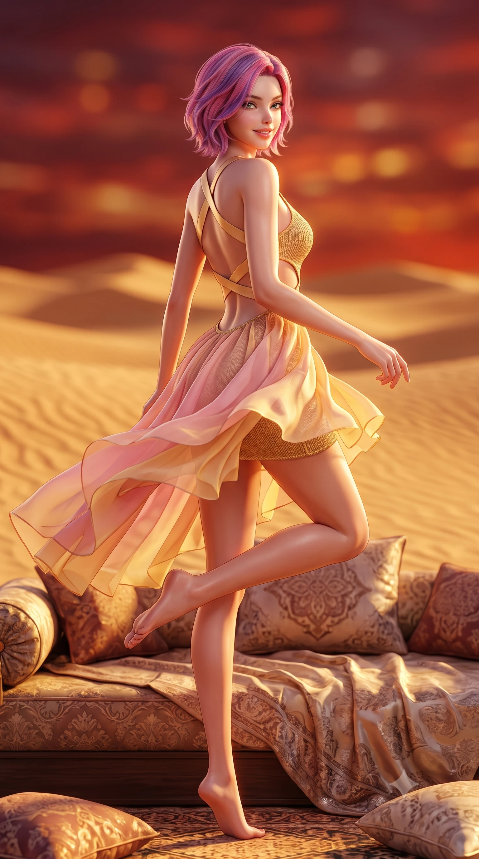 score_9, masterpiece, best quality, ultra-detailed, high-budget anime keyframe, semi-realistic 3D game render, editorial fashion photography, tasteful artistic composition, Caucasian woman. low angle full-body shot from head to toe showing her feet, filling the entire 9:16 vertical frame with her statuesque presence, stretching her vertical silhouette. executing a cheerful mid-motion pivot turn as her resort dress flutters around her slender legs, glancing over her shoulder with an intoxicating, teasing bedroom-gaze while lounging across an Arabian silk majlis daybed with one knee bent, her long slender legs and flat midriff radiating golden sun-kissed charisma. The composition keeps background elements in soft focus with dreamy creamy bokeh. rippling golden sand dunes stretching to infinity beneath a fiery crimson sunset sky blurred into deep copper, carmine, and gold bokeh. She has an exceptionally tall and slender model-like 8.5-heads proportion, an ultra-slim waist, a flat toned midriff, narrow delicate ribcage, and beautifully sculpted feminine hips creating a graceful, slim hourglass silhouette without any bulky heaviness, with impossibly long slender legs. sharp v-shaped jawline, high-bridge nose, sparkling amber-hazel eyes with depth, long lush eyelashes, glossy sun-kissed lips with a warm coral glaze, radiant teasing smile with sensual sunlit bedroom-eyes, exuding effortless old-money elegance and intoxicating sun-drenched allure, flawlessly proportioned anatomical accuracy, strict slender model proportions, natural body alignment, perfectly sculpted long slender limbs, ultra-slim waistline, clean dynamic posture without body distortion. wearing a cut-out golden metallic knit mini dress with open-waist architecture emphasizing her hourglass curves in sweet strawberry milk and warm butter yellow, woven from layered gossamer organza with weightless flutter, finished with criss-cross back satin straps highlighting her graceful shoulder blades, the high-waisted tailoring accentuating her ultra-slim waistline and the enchanting curve of her feminine hips with alluring sunlit charm. illuminated by desert sand bounce fill and sharp warm-gold rim lights carving her razor-sharp jawline, narrow waist, and curvy hips. highly saturated vibrant anime colors, detailed shading with soft gradients, rich glossy textures, high-contrast stereoscopic depth, volumetric dynamic lighting, master piece, 9:16 ratio
