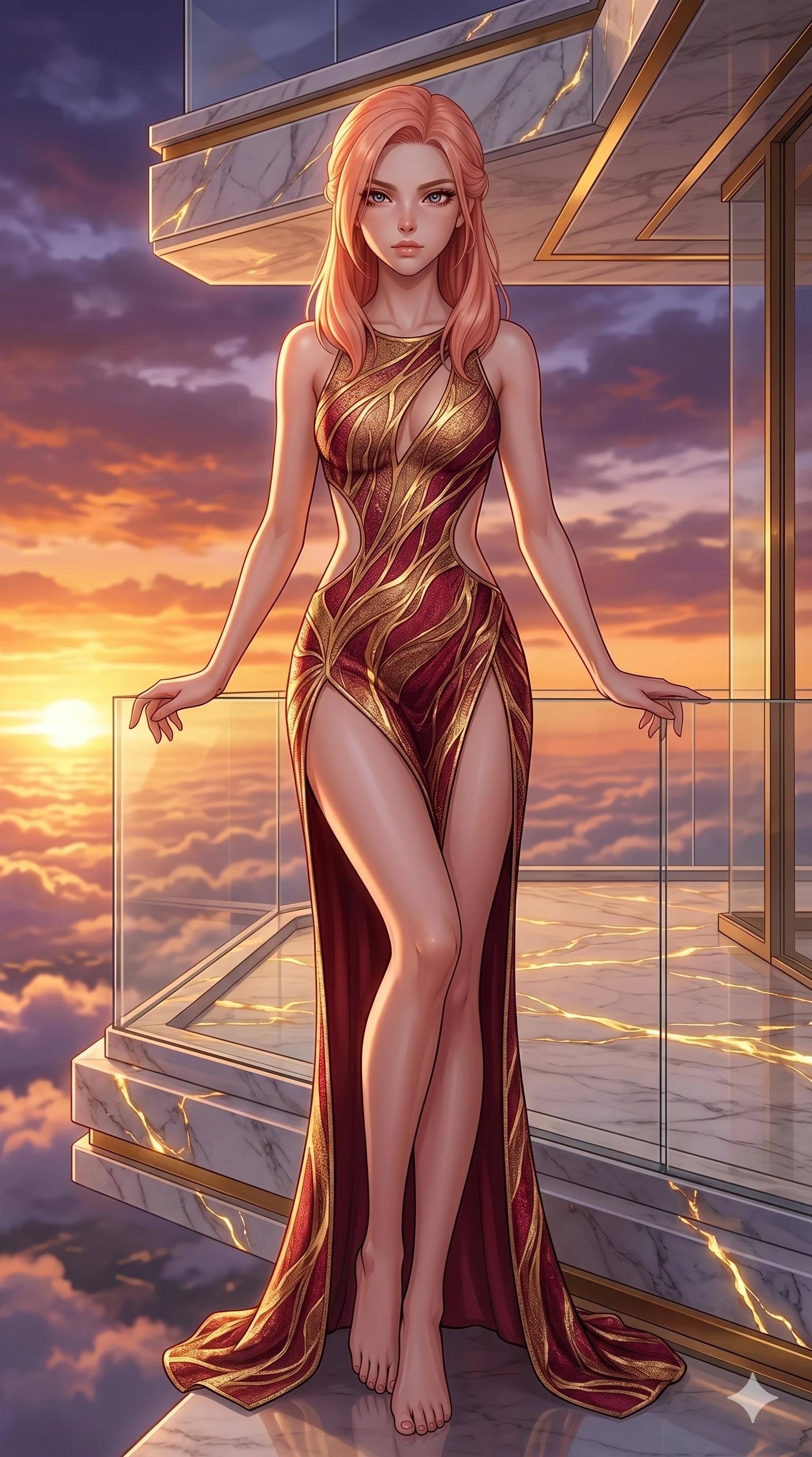 score_9, masterpiece, best quality, ultra-detailed, high-budget anime keyframe, editorial fashion photography, tasteful artistic composition, Japanese woman. cowboy shot from the thighs up, character and outfit filling the frame for maximum editorial presence. resting her hands on the glass, looking at the camera on a floating marble balcony above a sunset cloudscape (Code-P17-108). She has an absolutely perfect 8-heads proportion, an exceptionally tall and slender female figure with impossibly long slender legs and an ultra-slim waist. V-shaped jawline, high-bridge nose, intricate jewel-like eyes with depth, thick eyelashes, glossy lips with a natural sheen. wearing a bodycon dress with side cutouts and a high-slit skirt. golden light emanating from the mineral veins, creating a dramatic chiaroscuro effect. 2k, ultra detail, master piece, 9:16 ratio