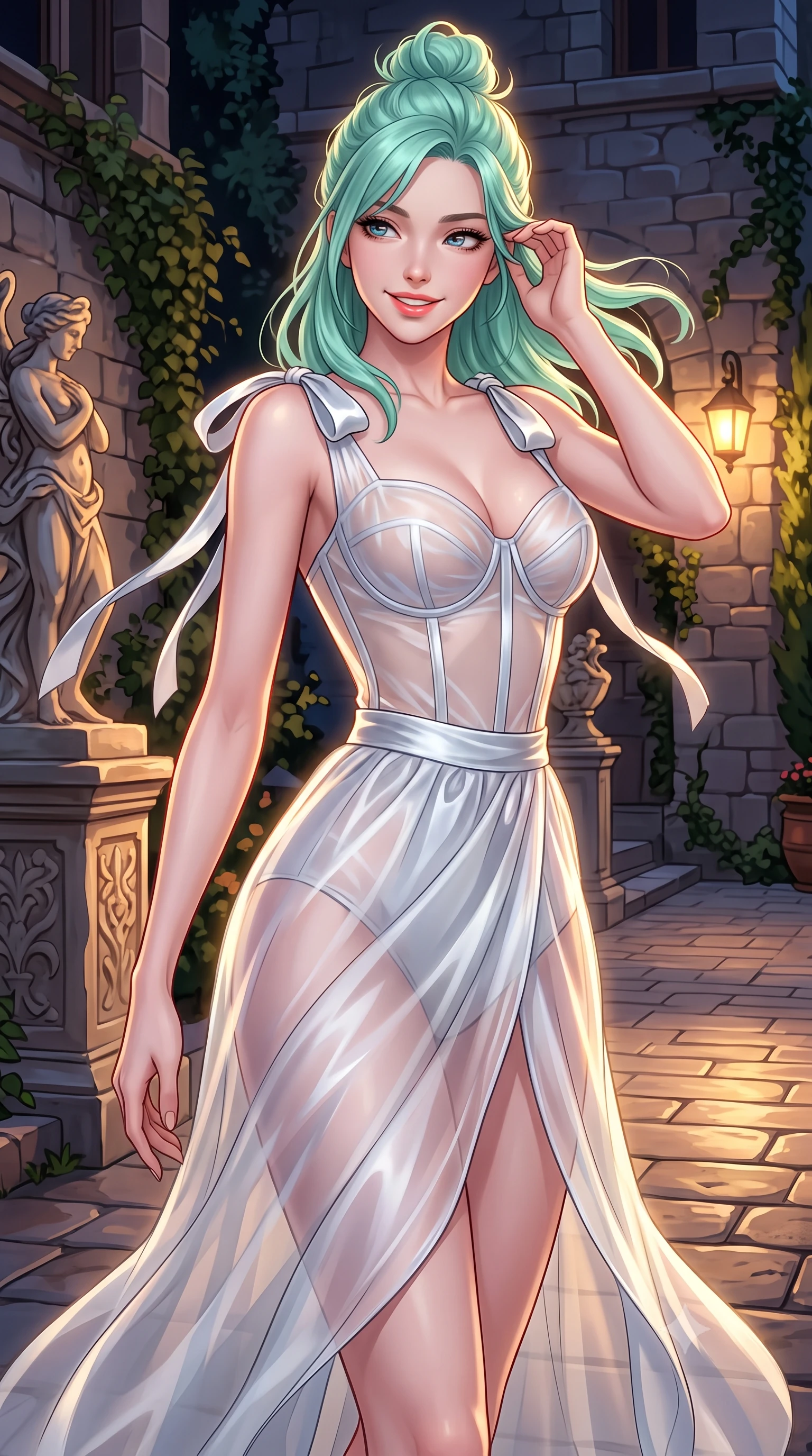score_9, masterpiece, best quality, ultra-detailed, high-budget anime keyframe, semi-realistic 3D game render, editorial fashion photography, tasteful artistic composition, Japanese woman. close-up cowboy shot from the waist and thighs up, the character dominates the composition, filling the frame with her large presence. gently brushing a lock of hair behind her ear while casting a playful, flirtatious side-gaze with long eyelashes while twisting her slender torso in an alluring S-curve beside the artisan sculpture terrace, warm lantern light tracing her flat midriff and curvy hips. The surrounding environment is rendered in vivid detail and crisp panoramic clarity: detailed garment drape, silhouette contours, and historic Provençal stonecraft in razor-sharp precision. She has an exceptionally elegant, slender, and willowy female figure with an ultra-slim waist, flat toned midriff, narrow ribcage, and sculpted feminine hips creating an alluring, slim hourglass silhouette without bulk. sharp v-shaped jawline, high-bridge nose, intricate jewel-like sparkling eyes with depth, thick eyelashes, glossy parted lips with a natural peach sheen, bright cheerful beaming smile with an enchanting and coquettish sensual glint, exuding both youthful cute charm and seductive allure, flawlessly proportioned anatomical accuracy, strict slender model proportions, natural body alignment, perfectly sculpted long slender limbs, ultra-slim waistline, clean dynamic posture without body distortion. wearing a provocative translucent mesh corset bodice with boned satin channels paired with a sheer chiffon wrap maxi skirt in pure translucent crystal white and liquid platinum, crafted from translucent silk organza with an ethereal crystalline sheen, finished with satin ribbon ties at the shoulders fluttering in the gentle breeze, the impeccably tailored cut draping gracefully along her slender figure with aristocratic poise. illuminated by stone ground reflection fill and sharp flame-gold rim lights defining her razor-sharp jawline, narrow waist, and curvy hips. highly saturated vibrant anime colors, detailed shading with soft gradients, rich glossy textures, high-contrast stereoscopic depth, volumetric dynamic lighting, master piece, 9:16 ratio