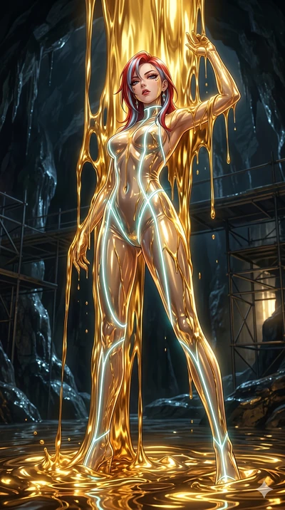 score_9, masterpiece, best quality, ultra-detailed, High-budget Anime Keyframe, East Asian woman. Low angle cowboy shot filling the entire 9:16 frame with her statuesque presence. Scenario 219: Standing under a waterfall of liquid gold, the fluid coa