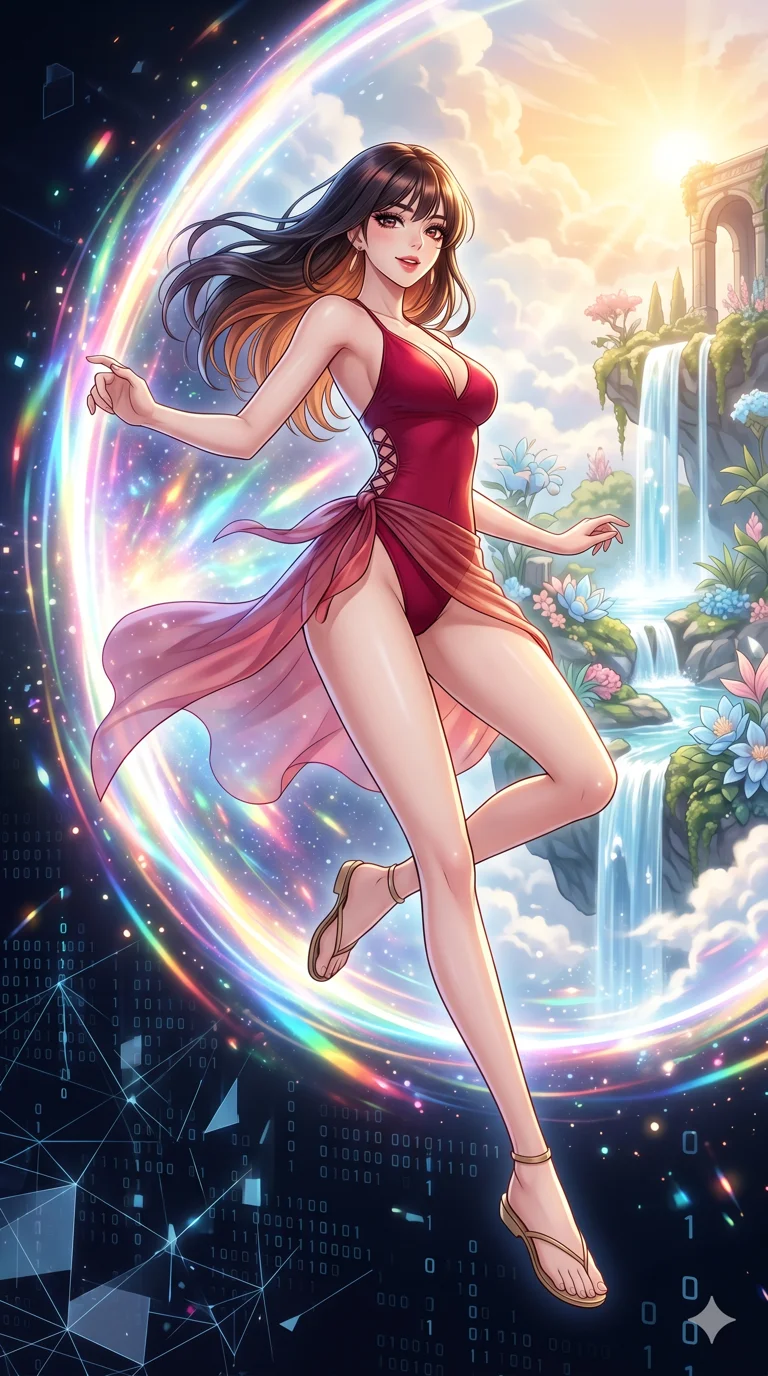 score_9, masterpiece, best quality, ultra-detailed, High-budget Anime Keyframe, beautiful Korean anime girl. Low angle cowboy shot filling the entire 9:16 frame with her statuesque presence. Leaping through a portal of swirling prismatic light into a celestial garden. She has an absolutely perfect 8-heads proportion, an exceptionally tall and slender female figure with impossibly long slender legs and an ultra-slim waist. Sharp v-shaped jawline, high-bridge nose, intricate jewel-like eyes with depth, thick eyelashes, glossy lips with a natural sheen. Wearing a Seasonal/Resort outfit: crimson high-cut one-piece with a sheer silk sarong and strategic side cut-outs. Background is a bright and colorful transition between a digital void and a lush floating paradise with waterfalls. 2k, ultra detail, master piece, 9:16 ratio