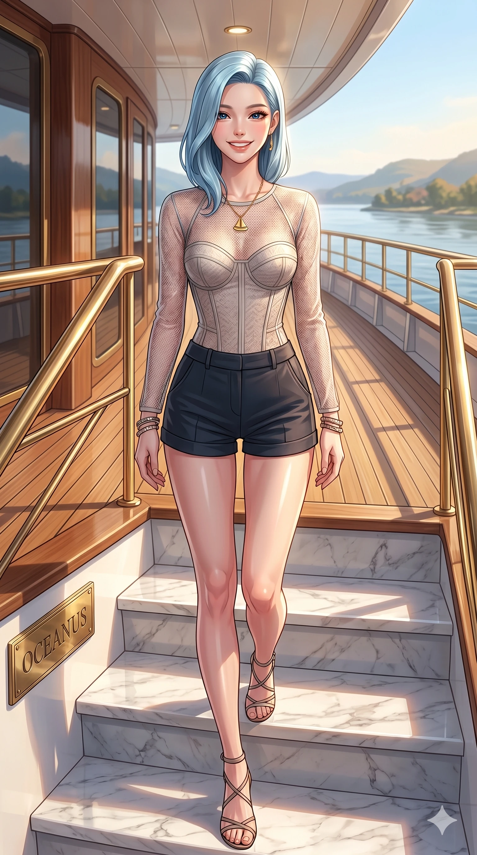 score_9, masterpiece, best quality, ultra-detailed, high-budget anime keyframe, vibrant anime aesthetic, Korean woman. cowboy shot from the thighs up, character and outfit filling the frame for maximum presence. She is standing on the marble steps, looking at the camera with a radiant smile on the deck of a luxury riverboat in the sun (Code-P20-128). She has an absolutely perfect 8-heads proportion, an exceptionally tall and slender female figure with impossibly long slender legs and an ultra-slim waist. V-shaped jawline, high-bridge nose, intricate jewel-like eyes with depth, thick eyelashes, glossy lips with a natural sheen. wearing a sheer mesh resort top paired with a structured corset and micro-shorts. She is bathed in a luminous, warm sunshine highlighting her sleek silhouette and features. 2k, ultra detail, master piece, 9:16 ratio