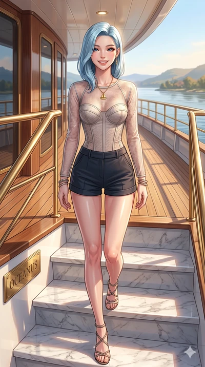 score_9, masterpiece, best quality, ultra-detailed, high-budget anime keyframe, vibrant anime aesthetic, Korean woman. cowboy shot from the thighs up, character and outfit filling the frame for maximum presence. She is standing on the marble steps, l