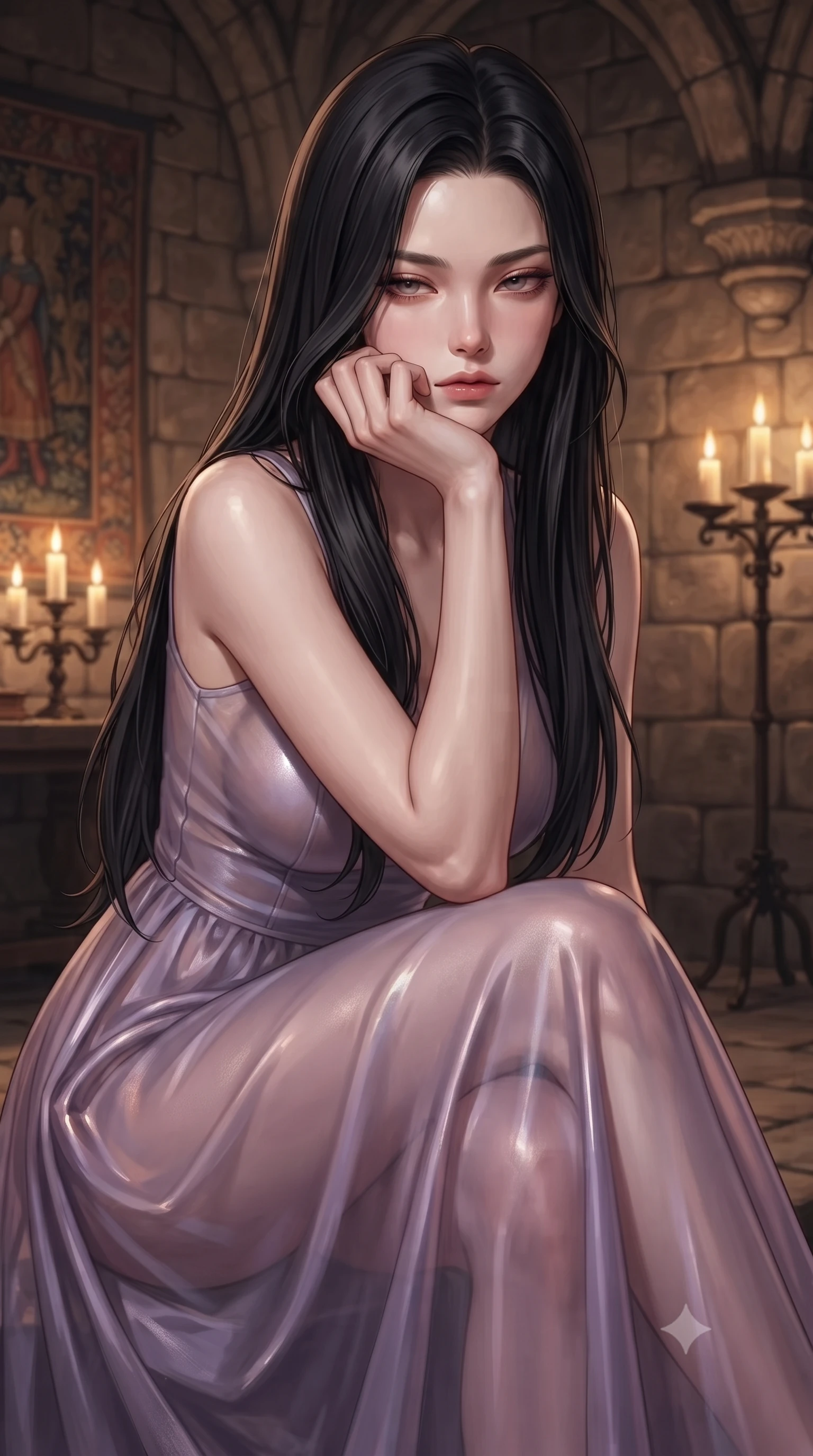 score_9, masterpiece, best quality, ultra-detailed, high-budget anime keyframe, editorial fashion photography, tasteful artistic composition, Korean woman woman. close-up cowboy shot from the waist and thighs up, the character dominates the composition, filling the frame with her large presence, background elements kept in soft focus. resting her chin on the backs of her fingers, casting a heavy-lidded, sultry look past the camera the background shows a soft-focus an old stone castle chamber with tapestries and candle stands. She has an exceptionally elegant, slender, and willowy female figure with an ultra-slim waist, a gracefully sculpted slender torso, and a refined silhouette. sharp v-shaped jawline, high-bridge nose, intricate jewel-like eyes with depth, thick eyelashes, glossy lips with a natural sheen. wearing a tailored semi-transparent chiffon maxi dress in lavender, showing her silhouette through the sheer fabric. warm flickering candle lights casting dramatic shadows on the stone walls. ultra-reflective glossy finish, specular highlights, metallic sheen, high-contrast stereoscopic depth, volumetric dynamic lighting, 2k, ultra detail, master piece, 9:16 ratio