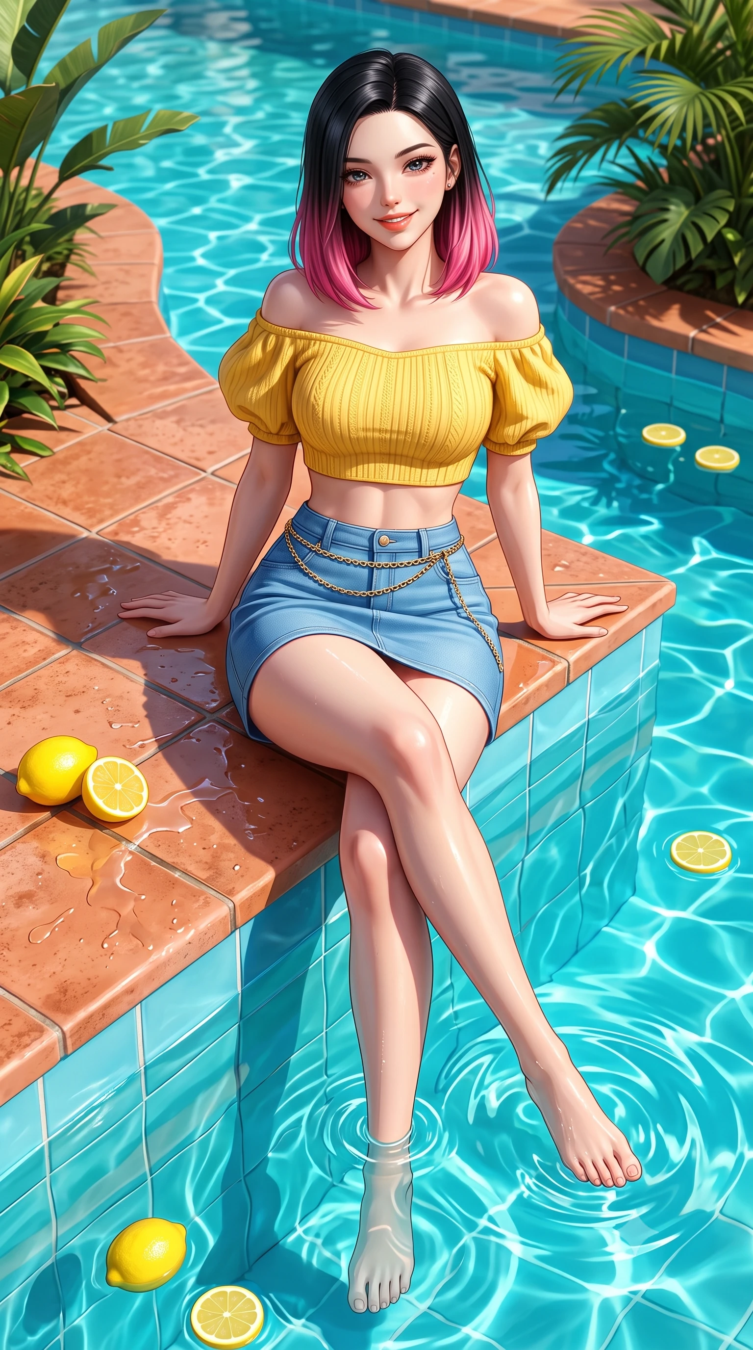 score_9, masterpiece, best quality, ultra-detailed, high-budget anime keyframe, semi-realistic 3D game render, editorial fashion photography, tasteful artistic composition, Korean woman. low angle full-body shot from head to toe showing her feet, filling the entire 9:16 vertical frame with her statuesque presence, stretching her vertical silhouette. sitting perched on the elevated edge with legs crossed and hips angled toward the camera, displaying her toned midriff and long slender limbs with a joyful, coquettish smile while wading lightly through the crystal turquoise pool with hips cocked back, looking over her shoulder with an alluring, sun-kissed bedroom-gaze. The surrounding environment is rendered in vivid detail and crisp panoramic clarity. sharp pool water surface tension, terracotta tile textures, and lemon rind details in deep focus. She has an exceptionally tall and slender model-like 8.5-heads proportion, an ultra-slim waist, a flat toned midriff, narrow delicate ribcage, and beautifully sculpted feminine hips creating a graceful, slim hourglass silhouette without any bulky heaviness, with impossibly long slender legs. sharp v-shaped jawline, high-bridge nose, intricate jewel-like sparkling eyes with depth, thick eyelashes, glossy parted lips with a natural peach sheen, bright cheerful beaming smile with an enchanting and coquettish sensual glint, exuding both youthful cute charm and seductive allure, flawlessly proportioned anatomical accuracy, strict slender model proportions, natural body alignment, perfectly sculpted long slender limbs, ultra-slim waistline, clean dynamic posture without body distortion. wearing an off-shoulder puff-sleeve crop blouse with a tight high-waisted denim A-line mini skirt emphasizing her curvy hips in sunny daffodil yellow and clear sky blue, formed from supple second-skin stretch ribbed knit clinging to her form, accented with a delicate gold chain belt resting loosely on her curvy hips, the form-contouring cut accentuating her sculpted flat midriff, narrow delicate ribcage, and gracefully curvy hips with supermodel precision. illuminated by intense pool water specular reflections sharply defining her razor-sharp jawline, narrow waist, and curvy hips. highly saturated vibrant anime colors, detailed shading with soft gradients, rich glossy textures, high-contrast stereoscopic depth, volumetric dynamic lighting, master piece, 9:16 ratio