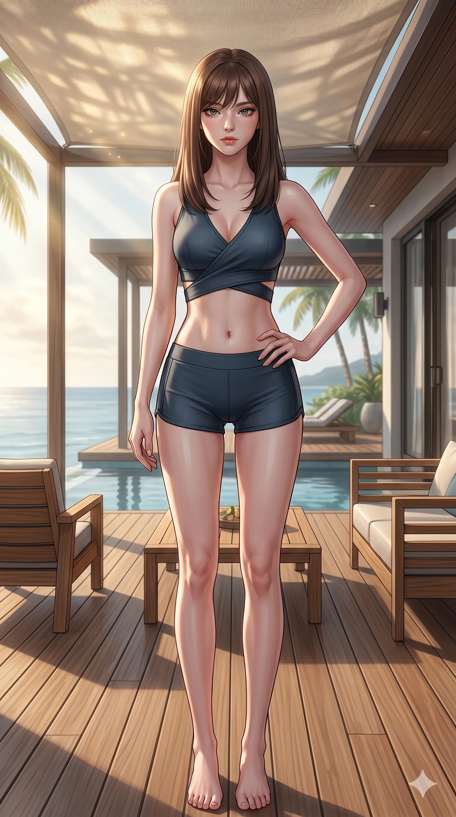 score_9, masterpiece, best quality, ultra-detailed, high-budget anime keyframe, editorial fashion photography, tasteful artistic composition, Korean woman. cowboy shot from the thighs up, character and outfit filling the frame for maximum editorial presence. resting her hand on her hip, looking directly into the camera with quiet self-assurance on a private teak deck of a beach villa overlooking the ocean (Code-P19-097). She has an absolutely perfect 8-heads proportion, an exceptionally tall and slender female figure with impossibly long slender legs and an ultra-slim waist. V-shaped jawline, high-bridge nose, intricate jewel-like eyes with depth, thick eyelashes, glossy lips with a natural sheen. wearing a wrap top exposing her bare midriff and micro-shorts in technical neoprene. soft morning sunbeams filtering through the canopy, highlighting her high-bridge nose. 2k, ultra detail, master piece, 9:16 ratio