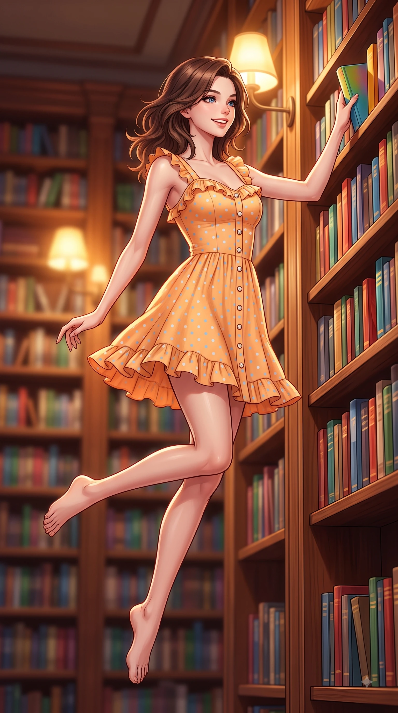 score_9, masterpiece, best quality, ultra-detailed, high-budget anime keyframe, editorial fashion photography, tasteful artistic composition, Korean woman. low angle full-body shot from head to toe showing her feet, filling the entire 9:16 vertical frame with her statuesque presence, stretching her vertical silhouette. leaping with pure youthful energy through the scene with a radiant bright smile, her long slender legs balanced gracefully while browsing tall wooden bookshelves lined with colorful volumes with a curious, gentle smile. The composition keeps background elements in soft focus with dreamy bokeh. rows of classic hardcover books creating a warm, comforting blurred background depth. She has an absolutely perfect, statuesque 8.5-heads proportion, an exceptionally tall and slender model-like female figure with impossibly long slender legs and an ultra-slim waist. sharp v-shaped jawline, high-bridge nose, intricate jewel-like eyes with depth, thick eyelashes, glossy lips with a natural sheen, flawlessly proportioned anatomical accuracy, natural body alignment, perfectly sculpted elegant limbs, clean dynamic posture without body distortion. wearing a bright apricot ruffled sundress with a subtle polka-dot pattern in baby blue and cloud white, crafted from soft breathable linen, finished with subtle ruffle trims and delicate pearl buttons, the chic real-way fashion cut emphasizing her effortless charm. illuminated by soft glowing amber indoor lamps and warm wood reflections. highly saturated vibrant anime colors, detailed shading with soft gradients, rich glossy textures, high-contrast stereoscopic depth, volumetric dynamic lighting, master piece, 9:16 ratio