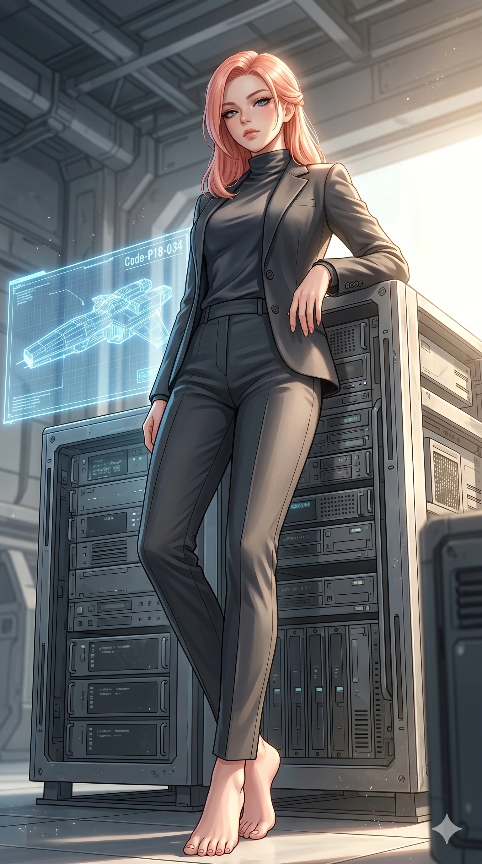 score_9, masterpiece, best quality, ultra-detailed, high-budget anime keyframe, editorial fashion photography, tasteful artistic composition, Japanese woman. low angle full-body shot from head to toe showing her feet, filling the entire 9:16 vertical frame with her statuesque presence, stretching her vertical silhouette. leaning against a metal server rack, casting a cool, superior gaze beneath her thick lashes inside a high-tech hangar bay with a glowing blueprint of a starship (Code-P18-034). She has an absolutely perfect 8-heads proportion, an exceptionally tall and slender female figure with impossibly long slender legs and an ultra-slim waist. V-shaped jawline, high-bridge nose, intricate jewel-like eyes with depth, thick eyelashes, glossy lips with a natural sheen. wearing a tailored high-neck blazer over a high-neck silk top and matching trousers. drenched in brilliant afternoon sunshine, highlighting her sleek silhouette and smooth skin. 2k, ultra detail, master piece, 9:16 ratio