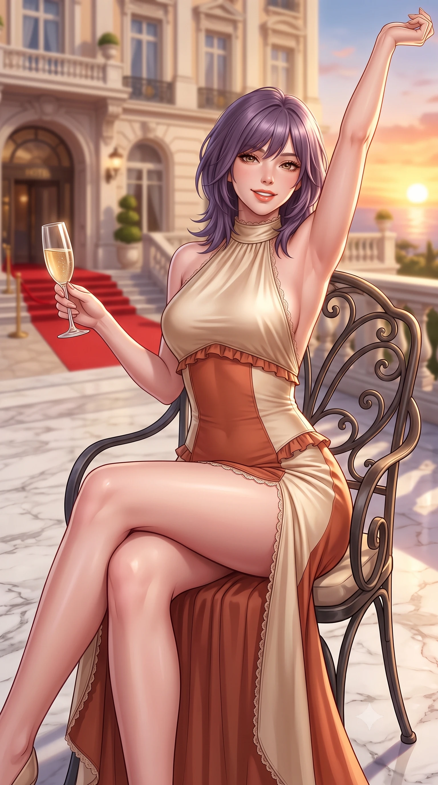 score_9, masterpiece, best quality, ultra-detailed, high-budget anime keyframe, semi-realistic 3D game render, editorial fashion photography, tasteful artistic composition, Japanese woman. close-up cowboy shot from the waist and thighs up, the character dominates the composition, filling the frame with her large presence. playfully stretching one arm overhead toward the setting sun, her radiant smile capturing fresh girlhood charm while her arched torso reveals an intoxicating hip contour while sitting gracefully in an ornate wrought-iron garden armchair with legs crossed, holding a champagne flute with effortless French Riviera poise. The composition keeps background elements in soft focus with dreamy creamy bokeh. the grand belle-époque palace hotel facade and red carpet entrance softened in prestigious Riviera shallow focus. She has an exceptionally elegant, slender, and willowy female figure with an ultra-slim waist, flat toned midriff, narrow ribcage, and sculpted feminine hips creating an alluring, slim hourglass silhouette without bulk. sharp v-shaped jawline, high-bridge nose, sparkling amber-hazel eyes with depth, long lush eyelashes, glossy sun-kissed lips with a warm coral glaze, radiant teasing smile with sensual sunlit bedroom-eyes, exuding effortless old-money elegance and intoxicating sun-drenched allure, flawlessly proportioned anatomical accuracy, strict slender model proportions, natural body alignment, perfectly sculpted long slender limbs, ultra-slim waistline, clean dynamic posture without body distortion. wearing a backless liquid champagne silk halter maxi dress with an ultra-high thigh slit ascending to the hip in Mediterranean terracotta and warm oatmeal beige, tailored from crisp cotton poplin with clean structural architectural lines, finished with subtle ruffle trims and delicate scallop lace edging, the form-fitting cut adhering flawlessly to her sculpted flat midriff and slender torso, emphasizing her long leg lines and perfectly proportioned willowy build. illuminated by grand marble terrace bounce and sharp platinum rim lights sculpting her razor-sharp jawline, narrow waist, and curvy hips. highly saturated vibrant anime colors, detailed shading with soft gradients, rich glossy textures, high-contrast stereoscopic depth, volumetric dynamic lighting, master piece, 9:16 ratio